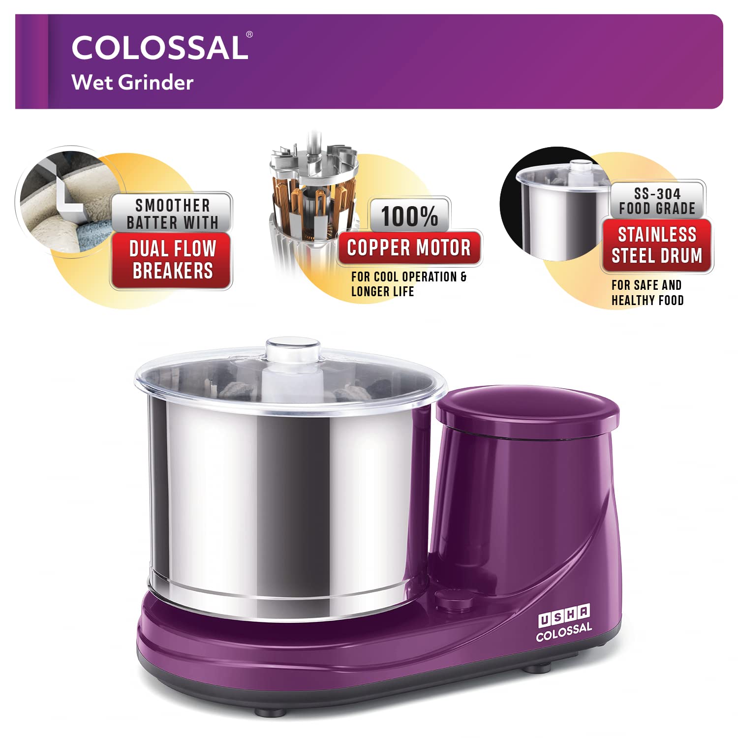 USHA Colossal 2 Litres 2 Stones Wet Grinder with Coconut Scrapper & Atta Kneader (Sturdy High Torque Motor, Magenta)_11