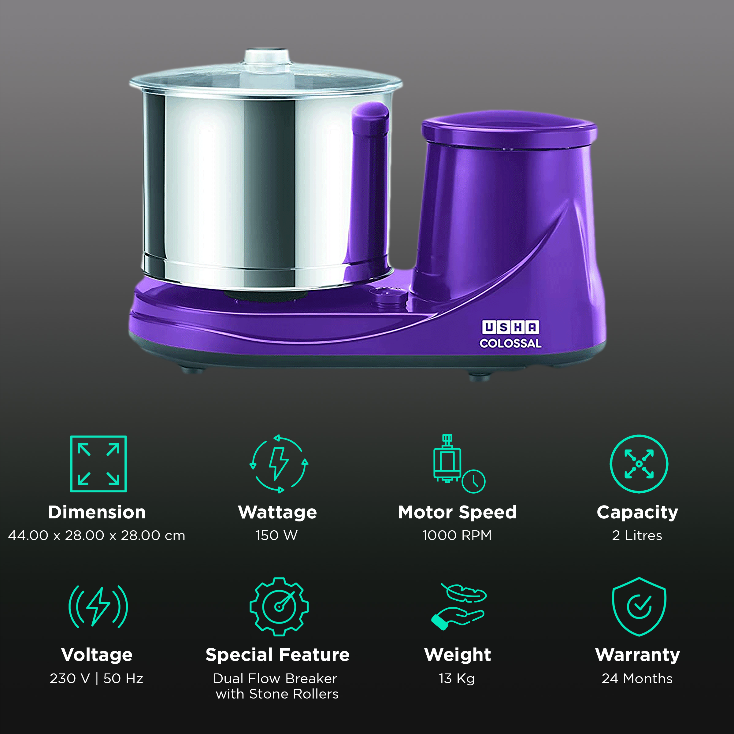 USHA Colossal 2 Litres 2 Stones Wet Grinder with Coconut Scrapper & Atta Kneader (Sturdy High Torque Motor, Magenta)_2