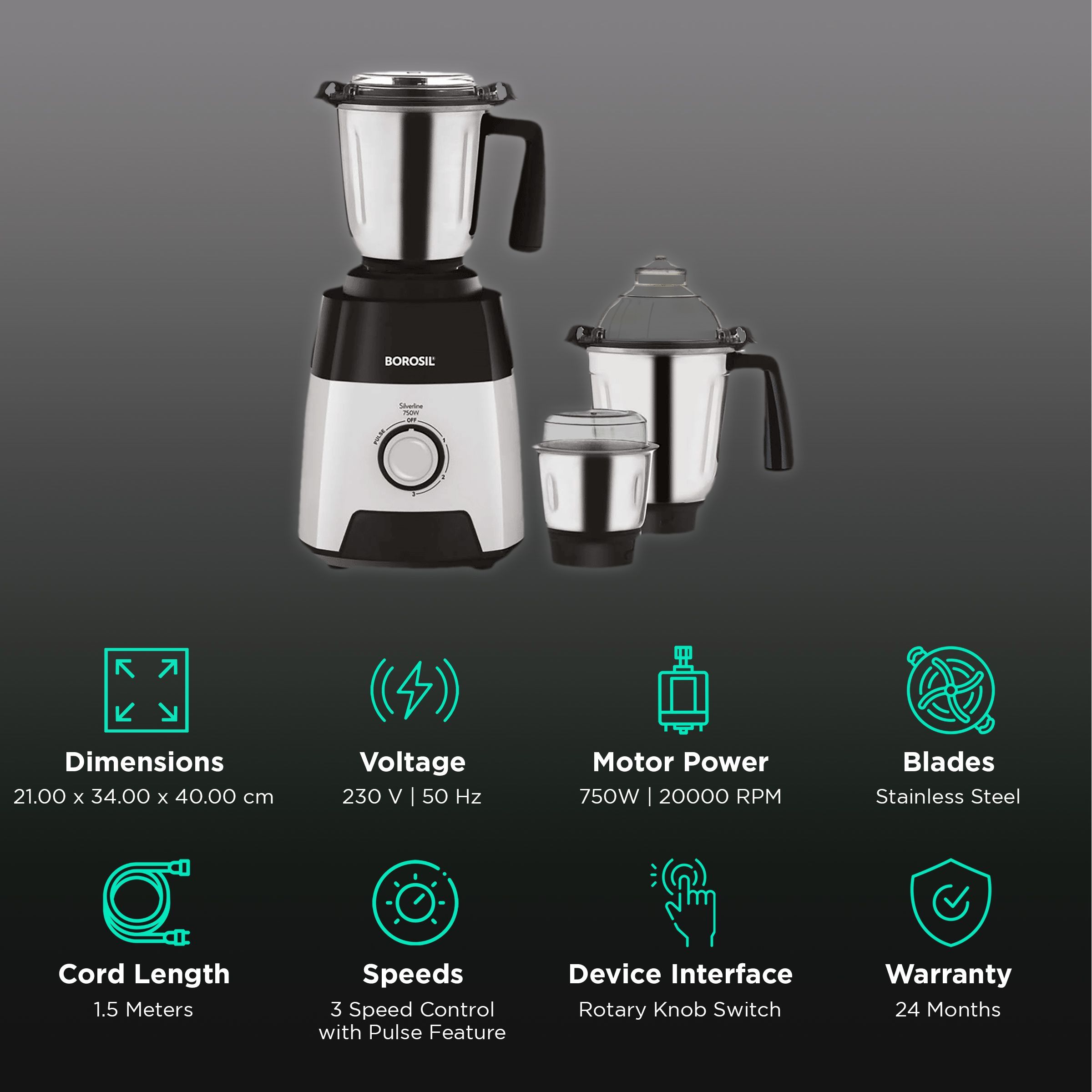 BOROSIL Silverline 750 Watt 3 Jars Mixer Grinder (20000 RPM, Anti-Skid Rubber Feet, Black & Silver)_2