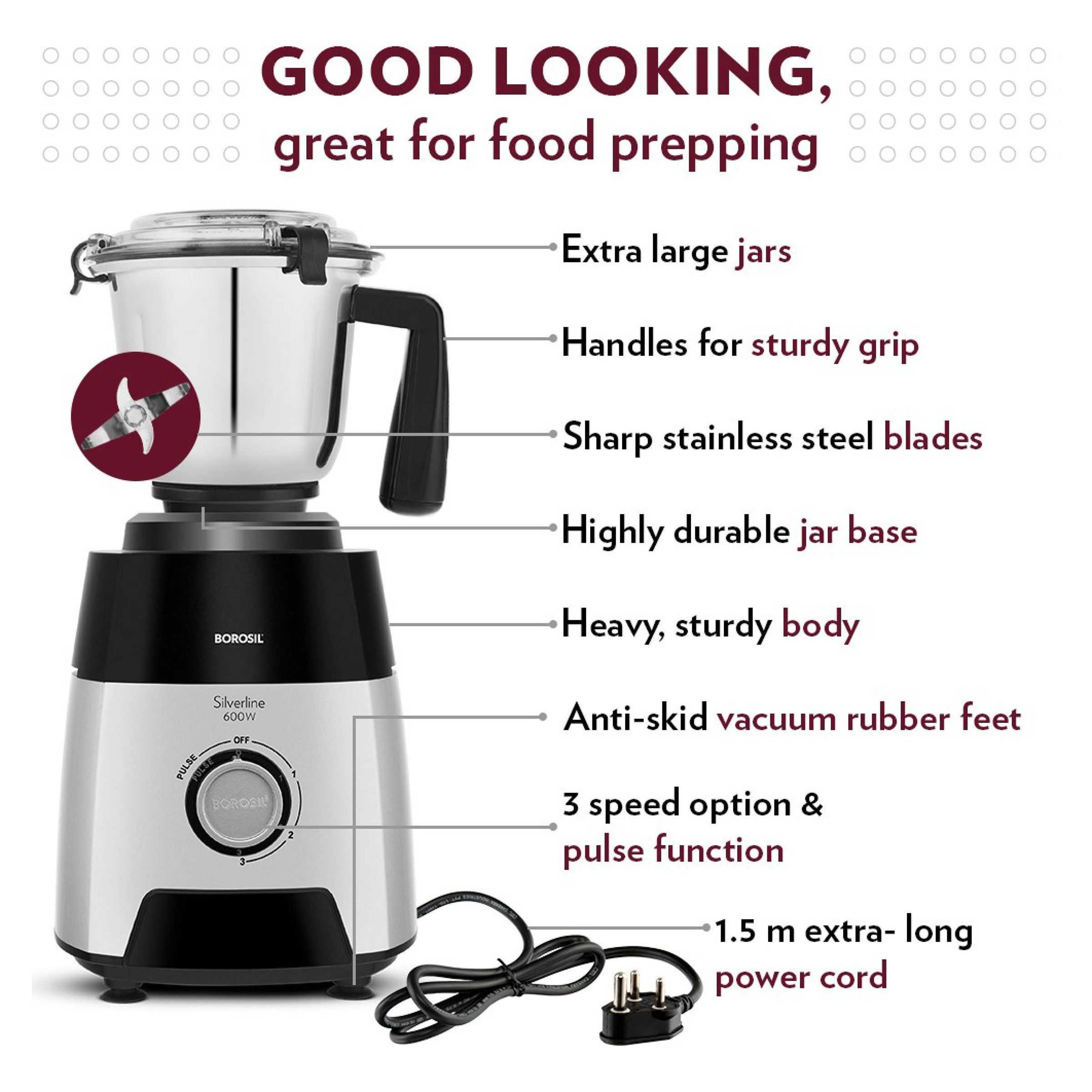 BOROSIL Silverline 600 Watt 3 Jars Mixer Grinder (20000 RPM, Blow Breaker for Blending, Black & Silver)_6