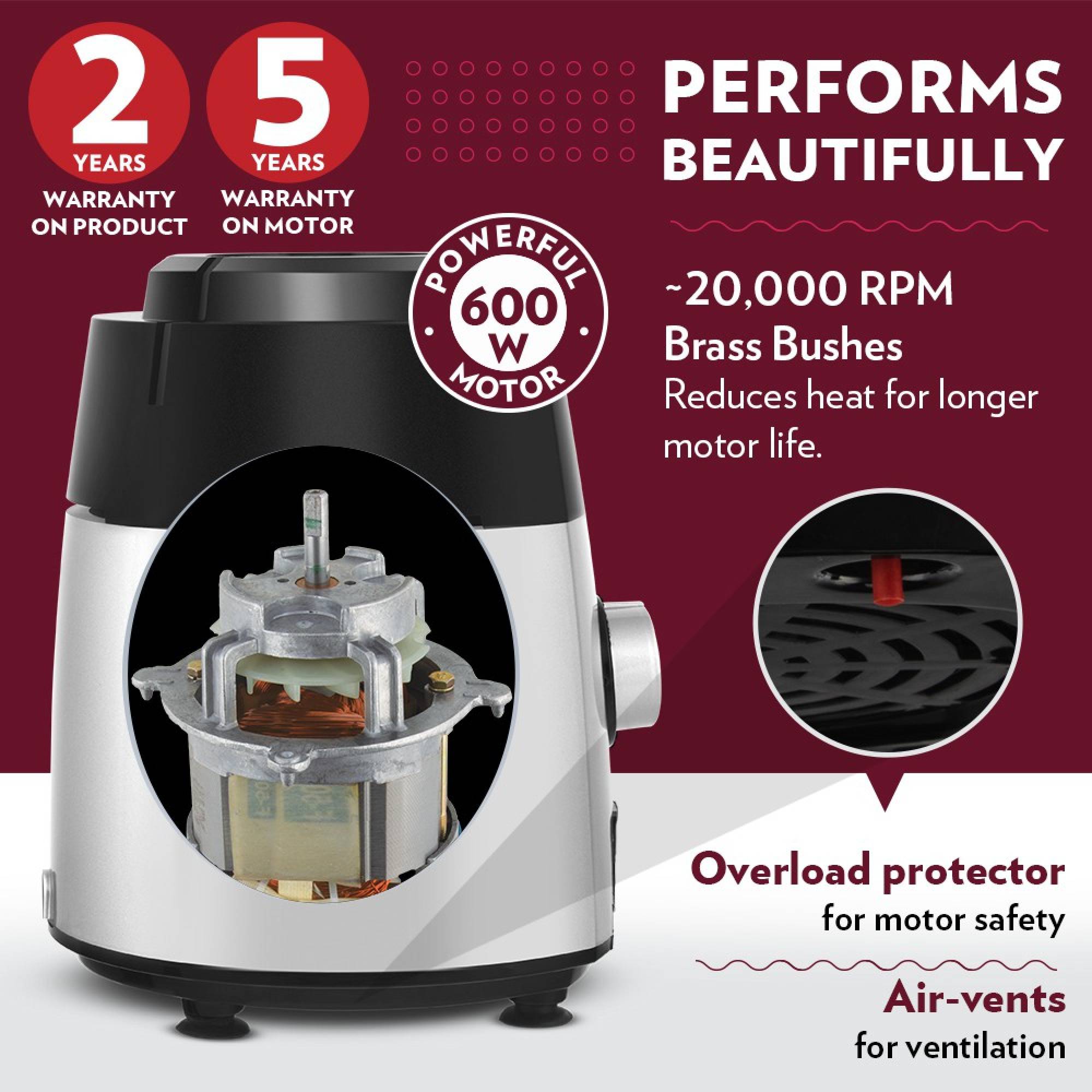 BOROSIL Silverline 600 Watt 3 Jars Mixer Grinder (20000 RPM, Blow Breaker for Blending, Black & Silver)_11