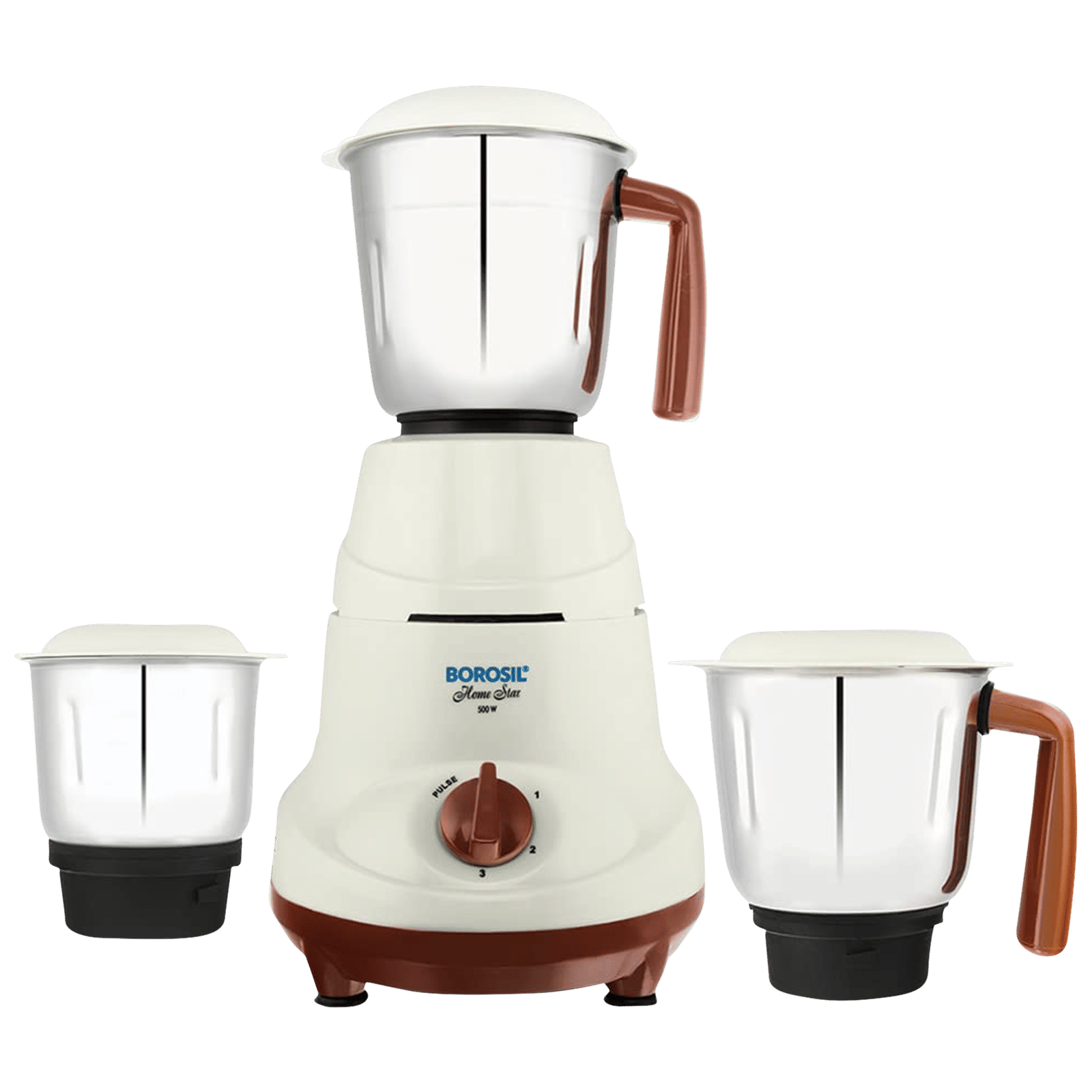 BOROSIL HomeStar 500 Watt 3 Jars Mixer Grinder (20000 RPM, 3 Speed Control with Pulse Function, White & Maroon)_1