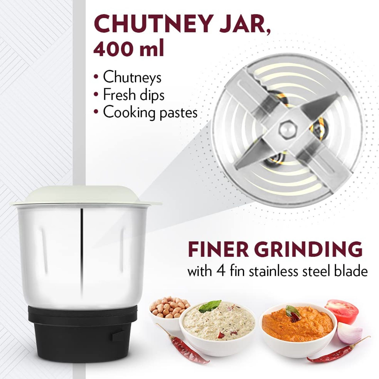 BOROSIL HomeStar 500 Watt 3 Jars Mixer Grinder (20000 RPM, 3 Speed Control with Pulse Function, White & Maroon)_10