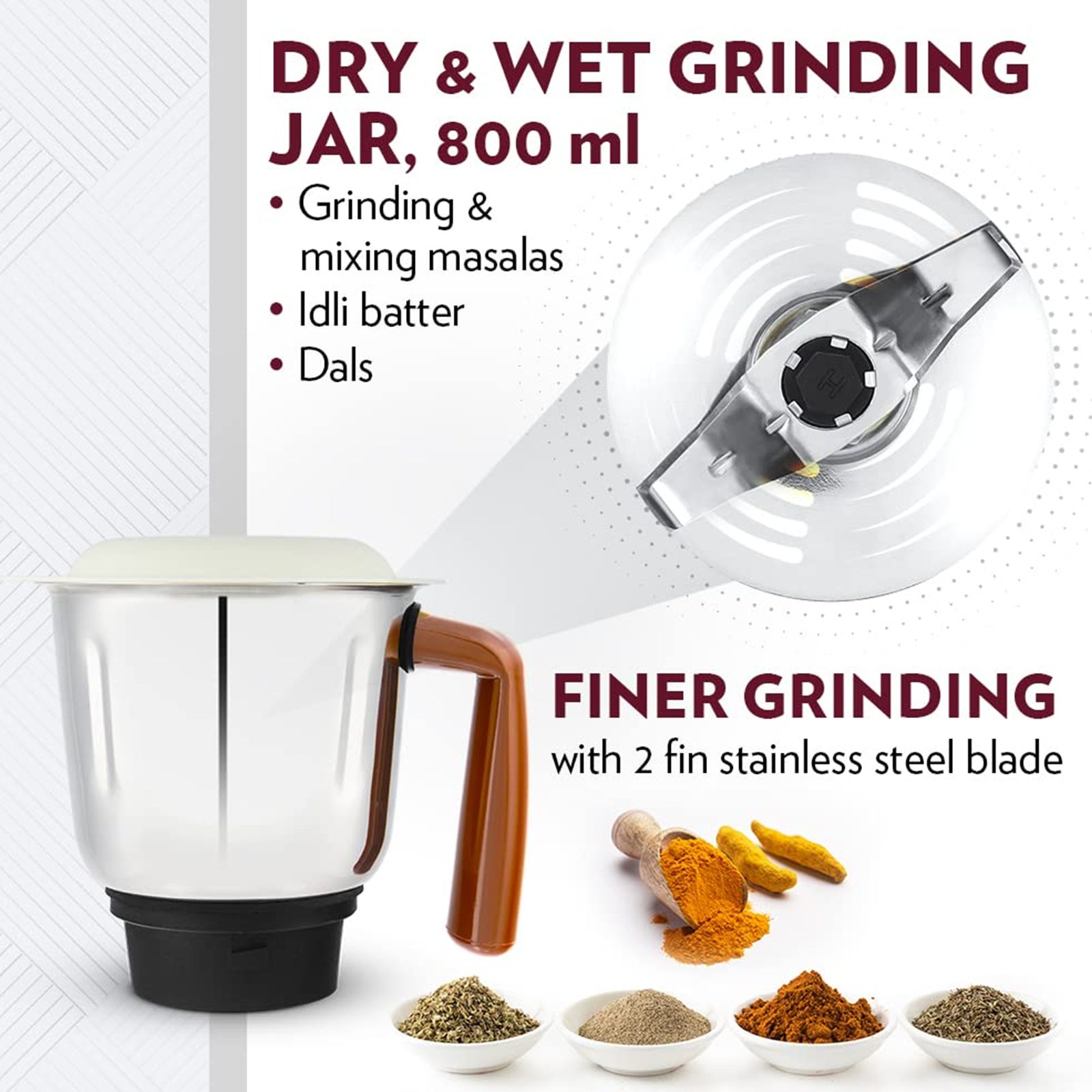 BOROSIL HomeStar 500 Watt 3 Jars Mixer Grinder (20000 RPM, 3 Speed Control with Pulse Function, White & Maroon)_11