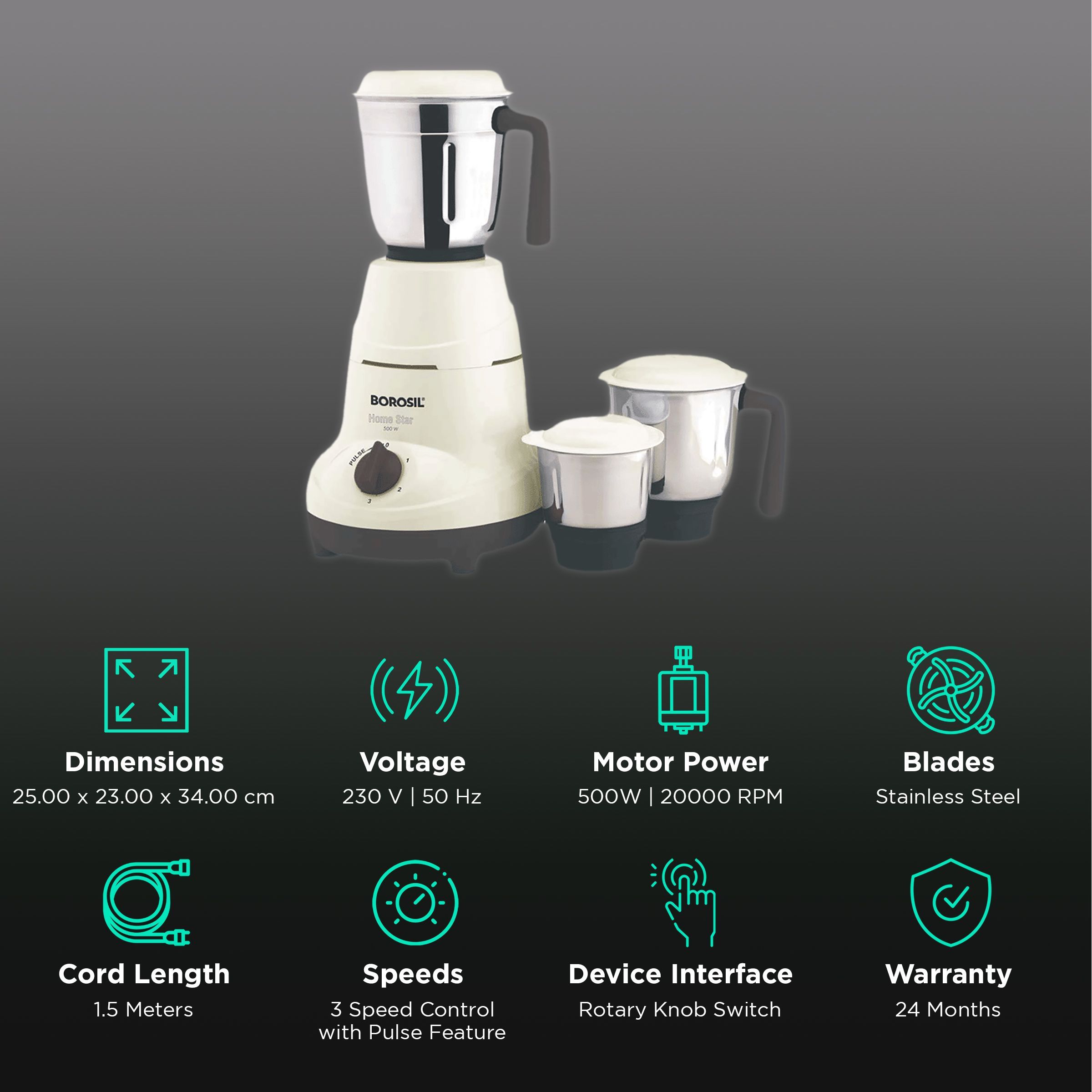 BOROSIL HomeStar 500 Watt 3 Jars Mixer Grinder (20000 RPM, 3 Speed Control with Pulse Function, White & Maroon)_2