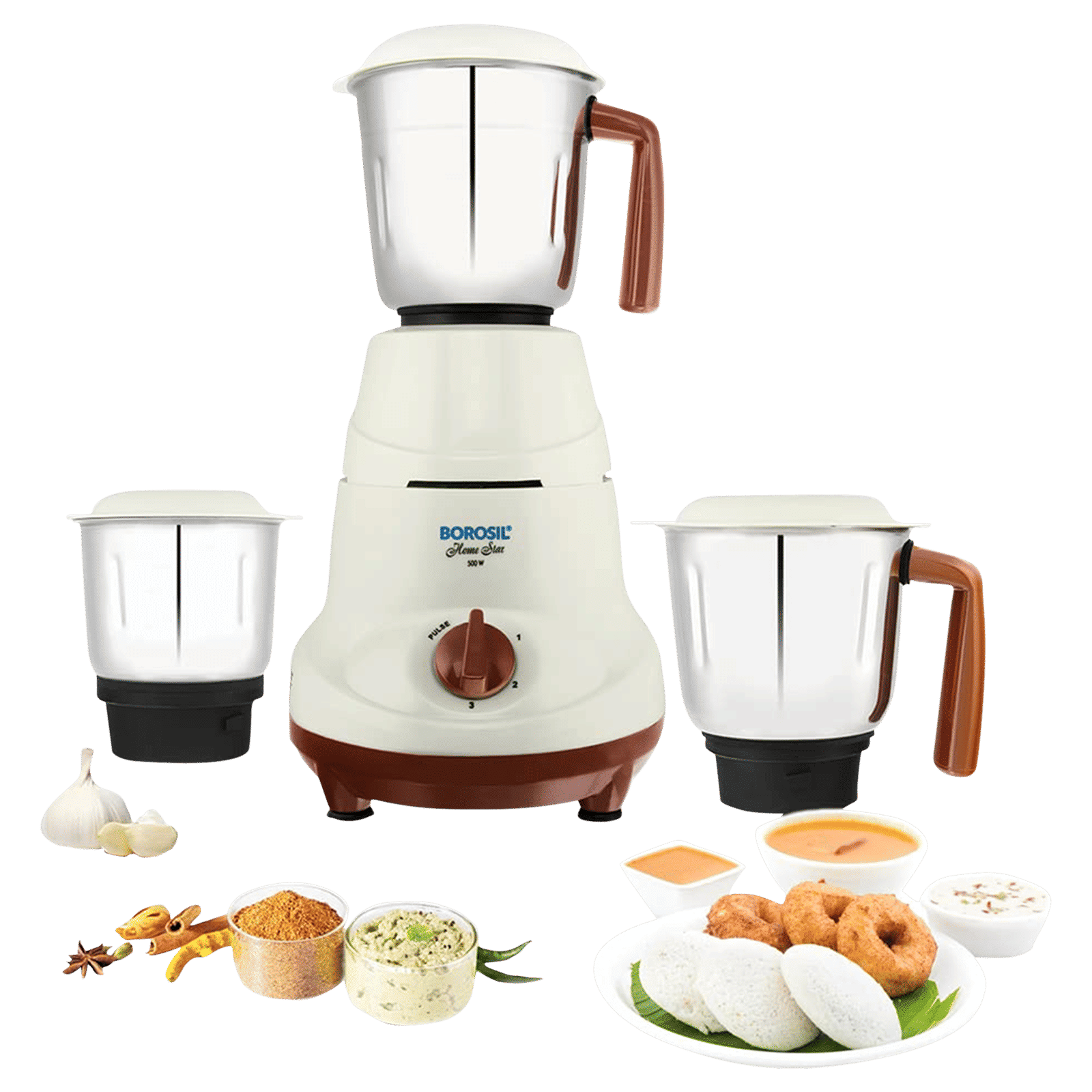 BOROSIL HomeStar 500 Watt 3 Jars Mixer Grinder (20000 RPM, 3 Speed Control with Pulse Function, White & Maroon)_6
