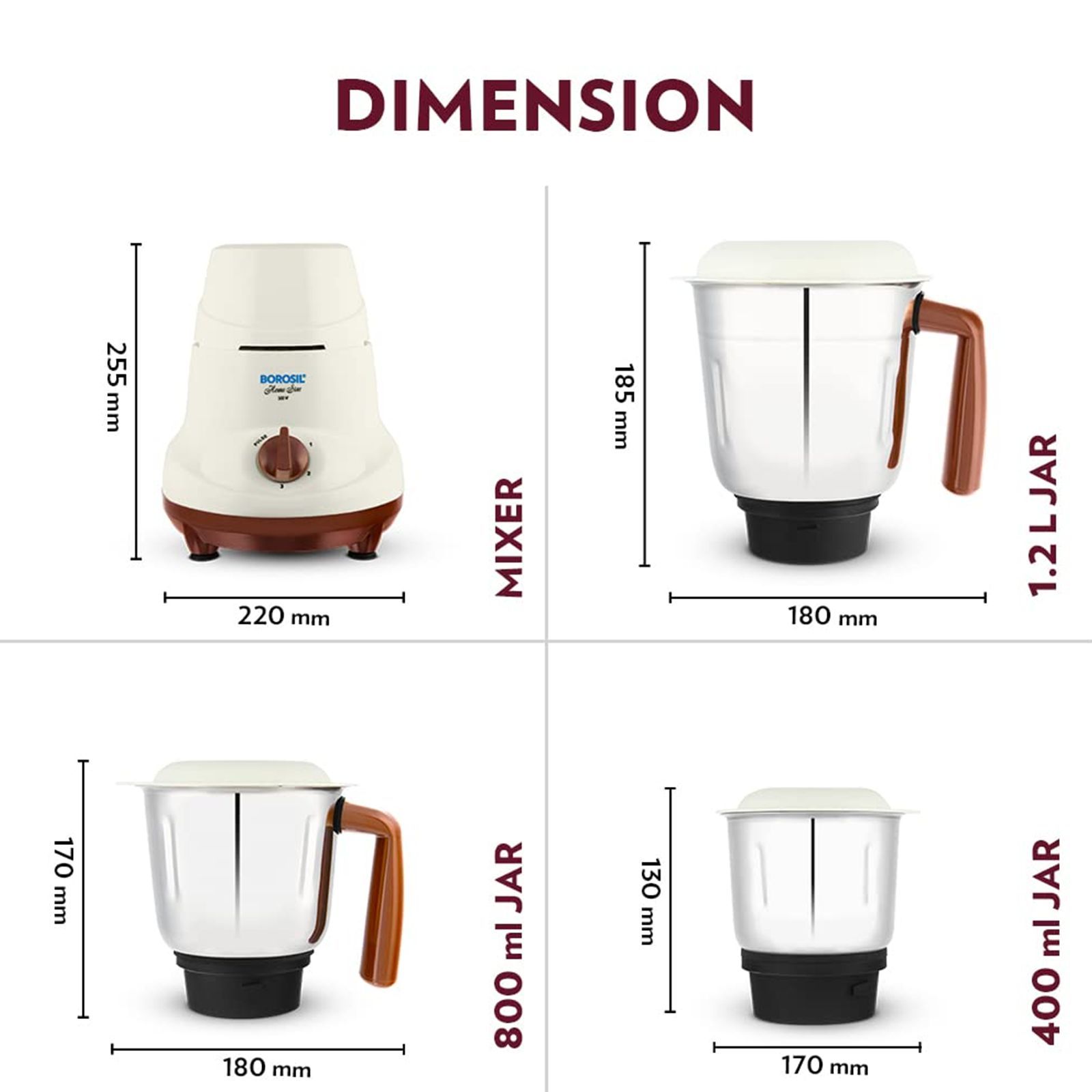 BOROSIL HomeStar 500 Watt 3 Jars Mixer Grinder (20000 RPM, 3 Speed Control with Pulse Function, White & Maroon)_7