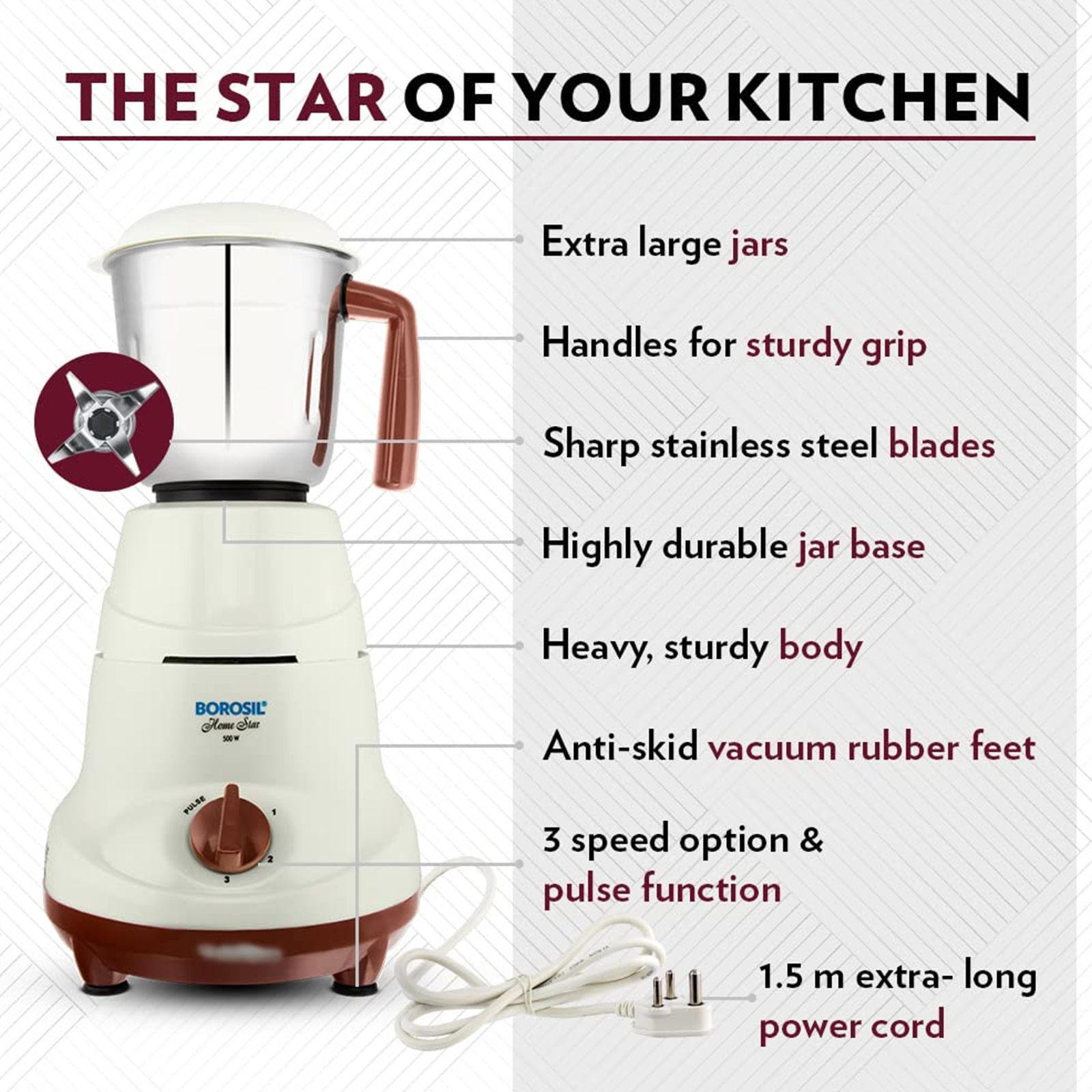 BOROSIL HomeStar 500 Watt 3 Jars Mixer Grinder (20000 RPM, 3 Speed Control with Pulse Function, White & Maroon)_8