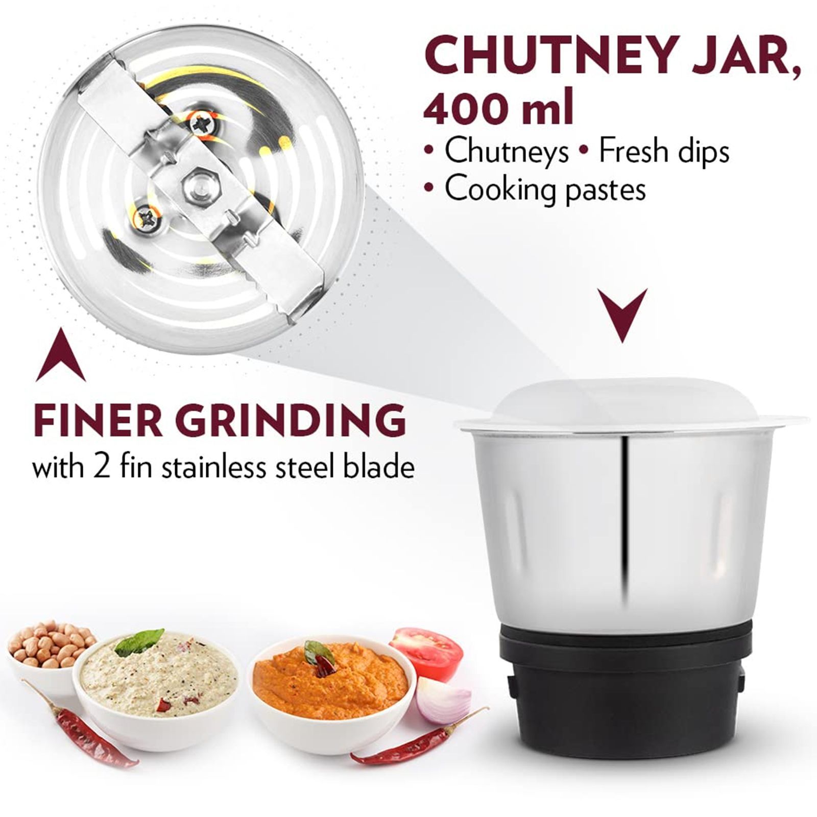 BOROSIL Star 500 Watt 3 Jars Mixer Grinder (20000 RPM, 3 Speed Control with Pulse Function, Maroon)_5