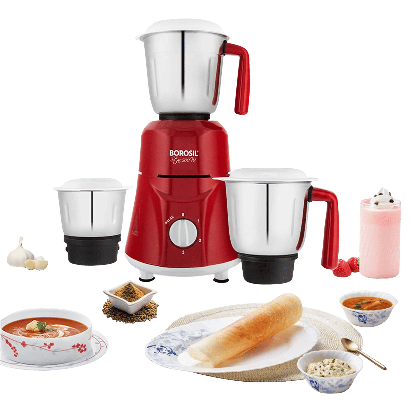 BOROSIL Star 500 Watt 3 Jars Mixer Grinder (20000 RPM, 3 Speed Control with Pulse Function, Maroon)_2