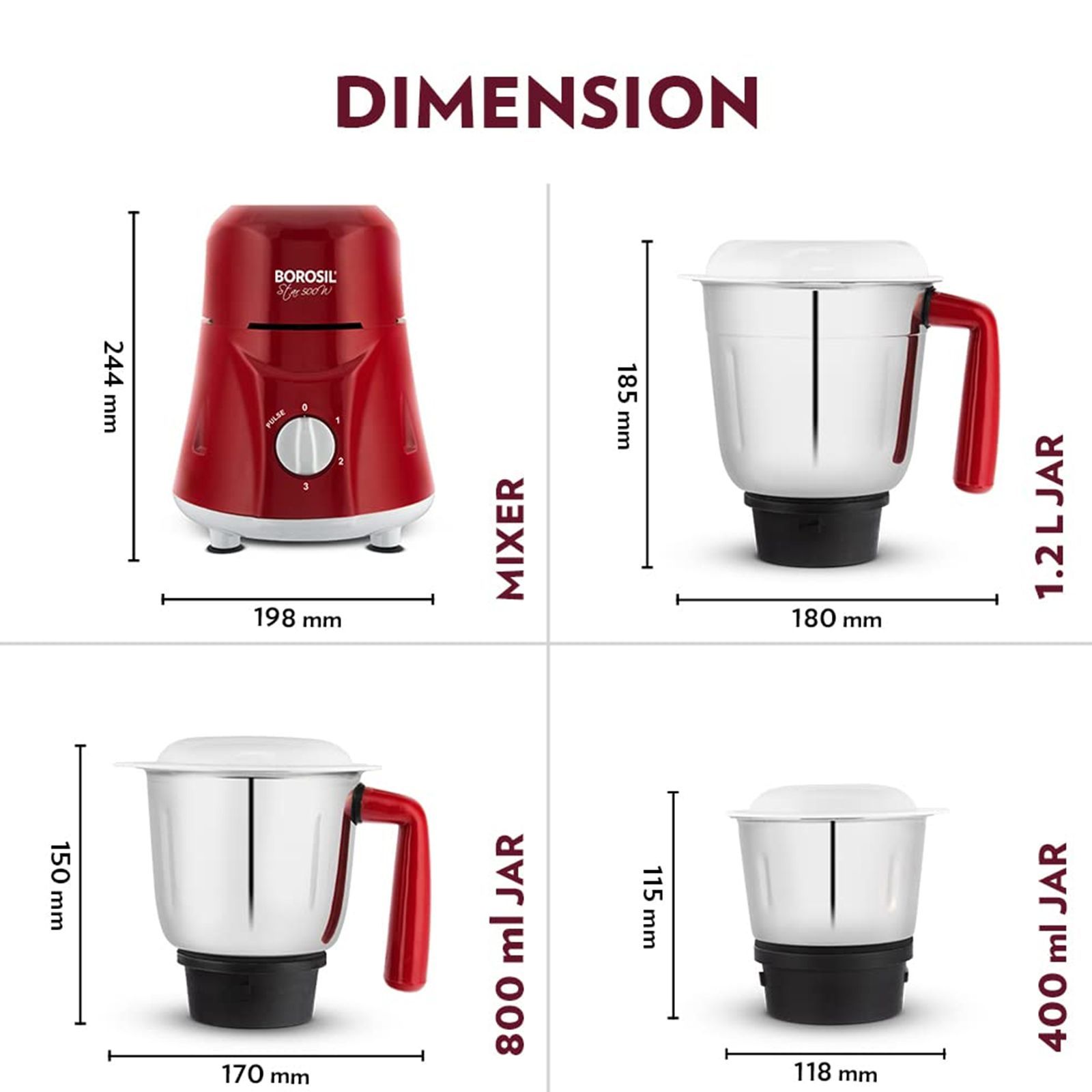 BOROSIL Star 500 Watt 3 Jars Mixer Grinder (20000 RPM, 3 Speed Control with Pulse Function, Maroon)_3