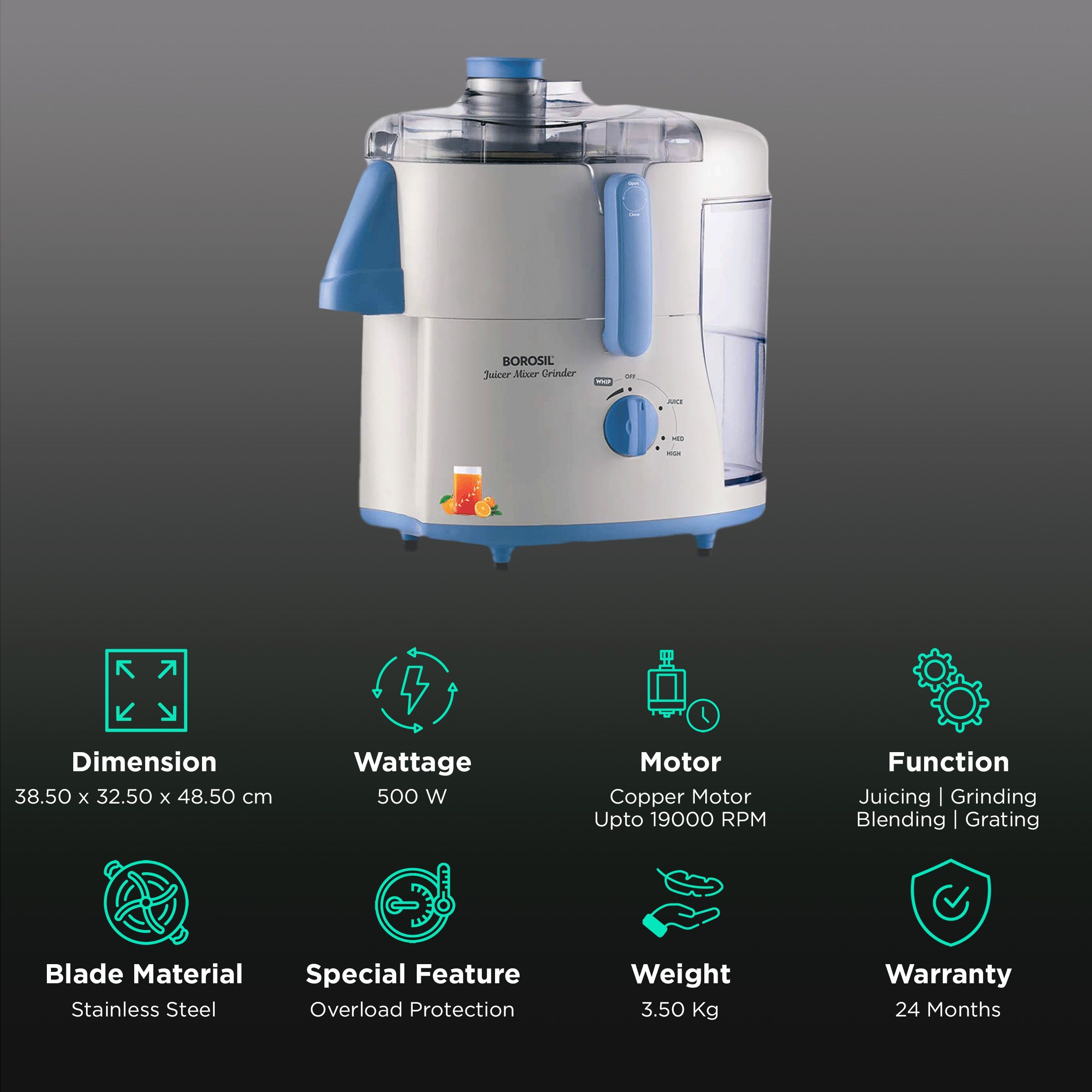 BOROSIL Primus II 500 Watt 2 Jars Juicer Mixer Grinder (19000 RPM, Long-Lasting Copper Motor, Silver)_2