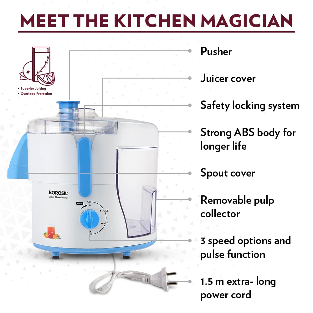 BOROSIL Primus II 500 Watt 2 Jars Juicer Mixer Grinder (19000 RPM, Long-Lasting Copper Motor, Silver)_16