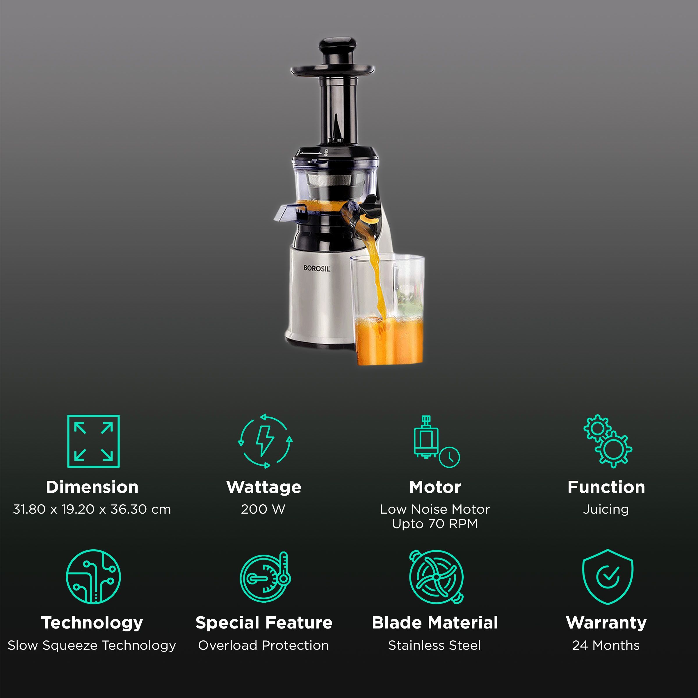 BOROSIL HealthPro 200 Watt Slow Juicer (70 RPM, Slow Squeeze Technology, Silver Cloud)_2