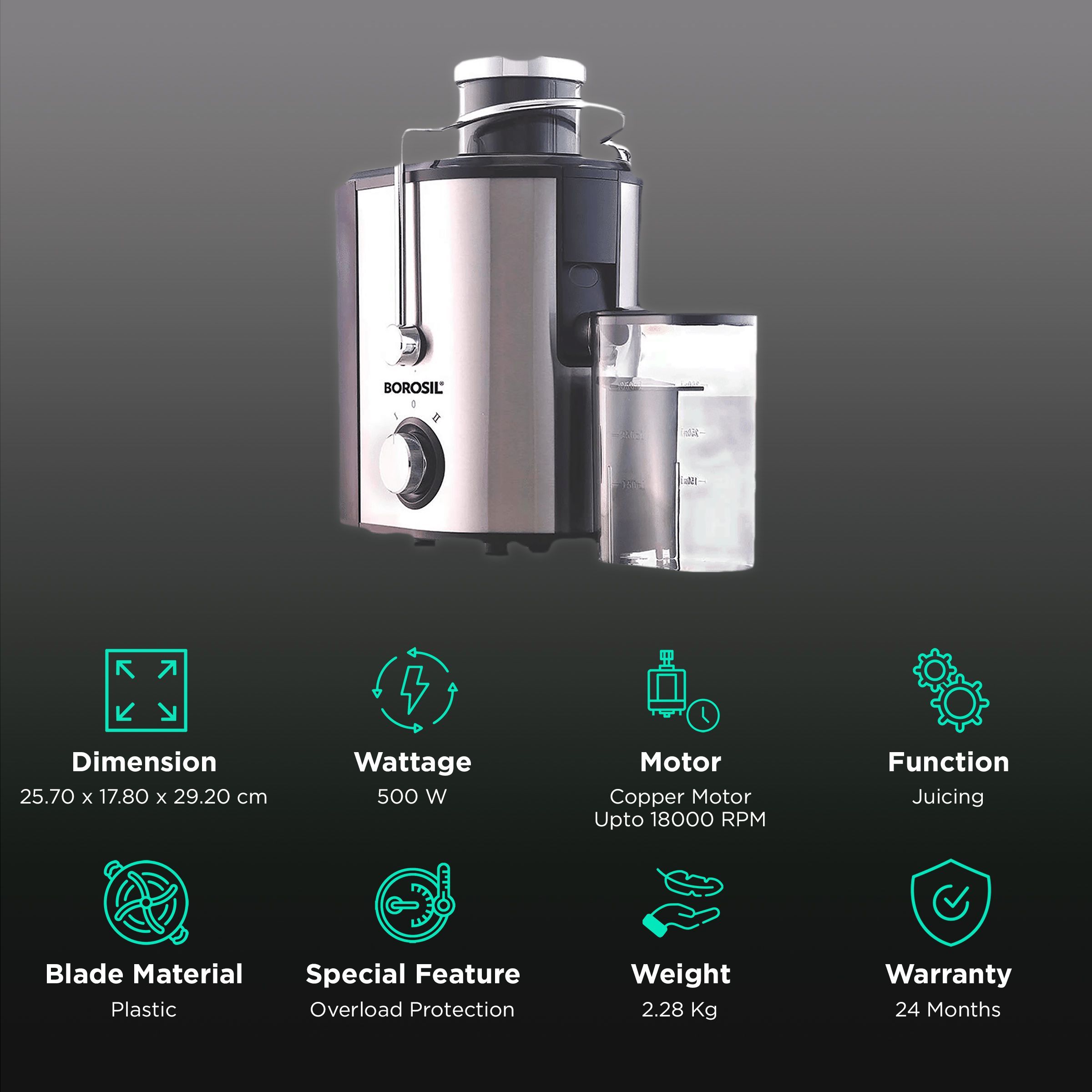 BOROSIL Primus 500 Watt Centrifugal Juicer (18000 RPM, Pure Copper Motor, Silver Cloud)_2