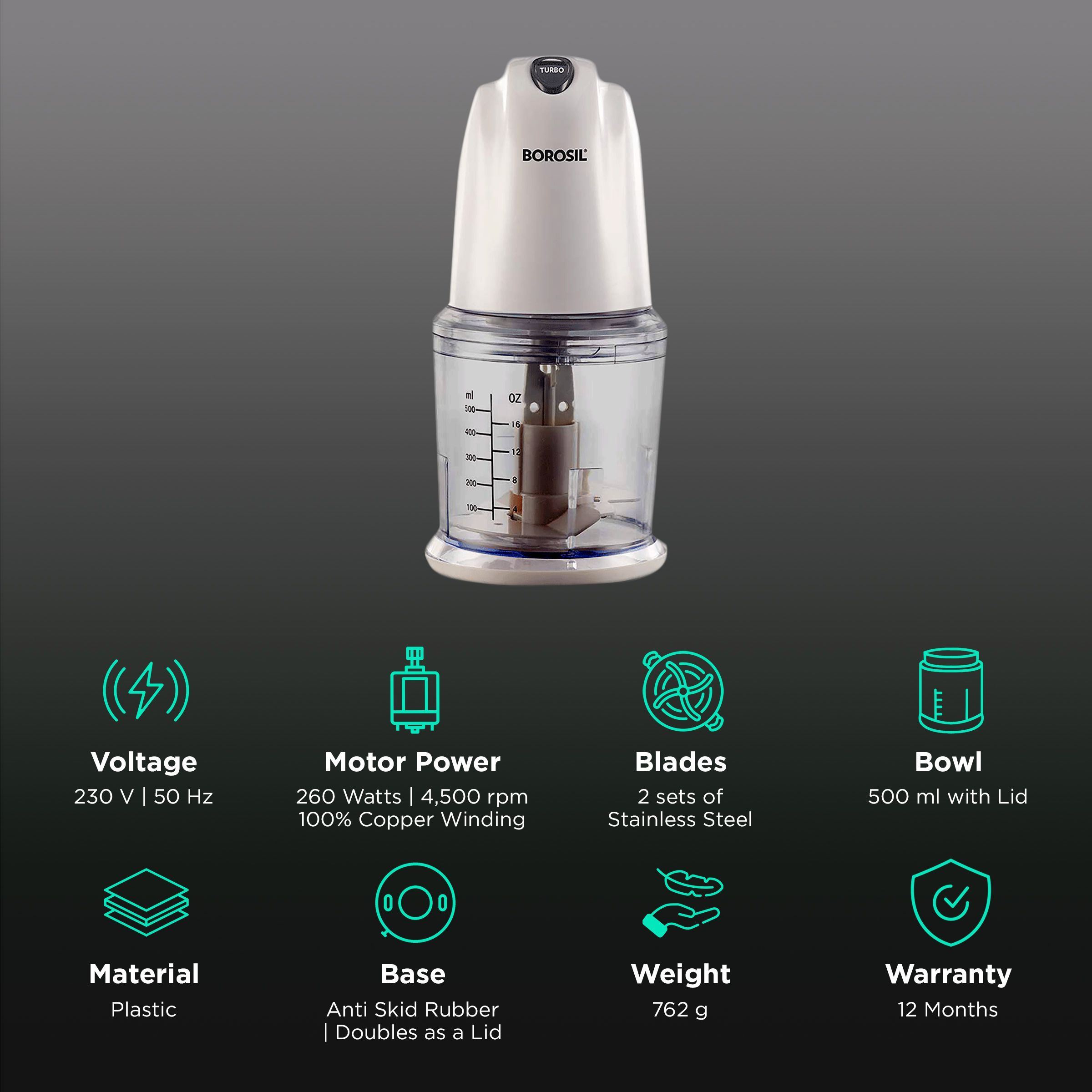 BOROSIL Chef Delite 260 Watt Electric Vegetable Chopper with 2 Blades (White)_2