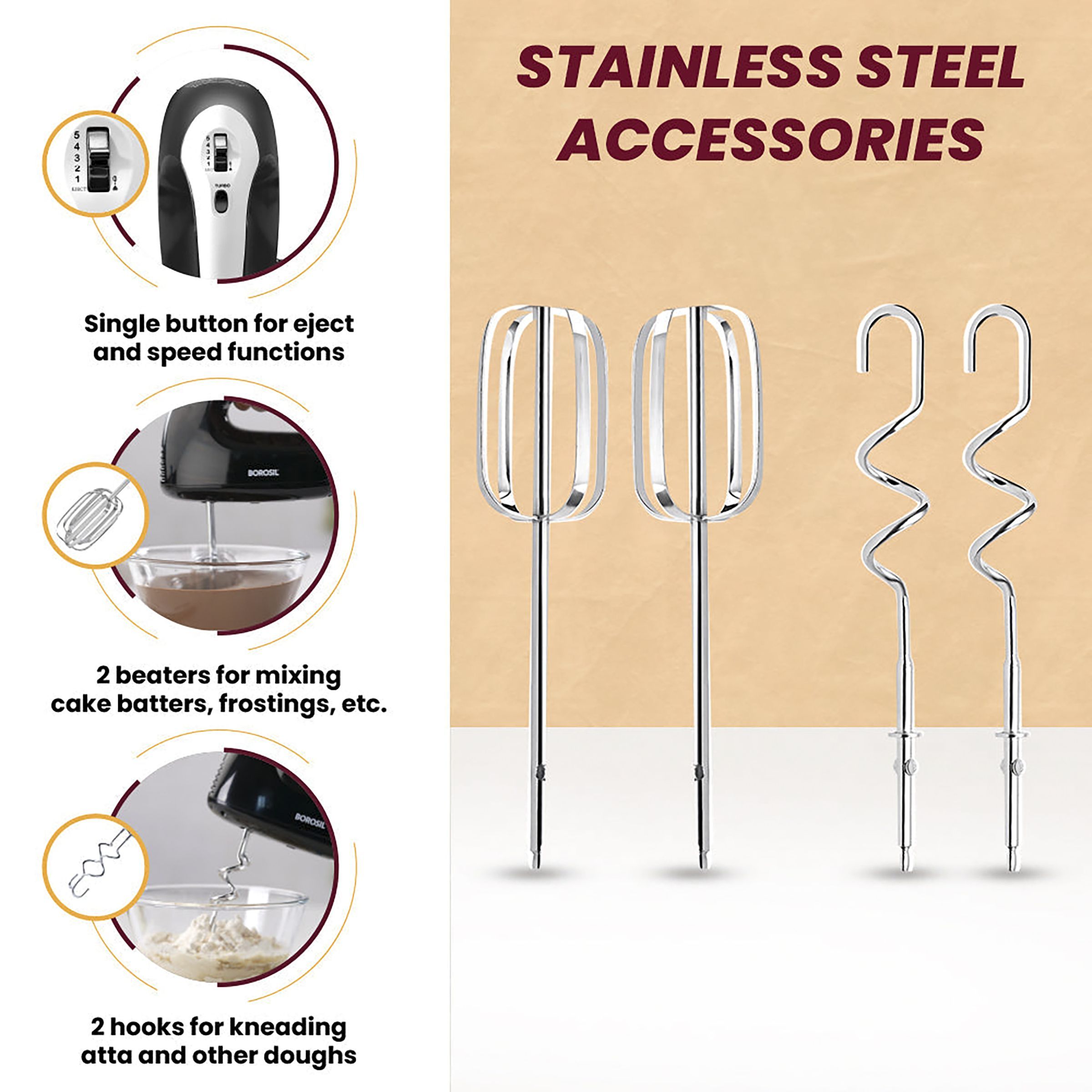 BOROSIL Smartmix 300 Watt 5 Speed Hand Mixer with 4 Attachments (Single Button for Eject, White)_7