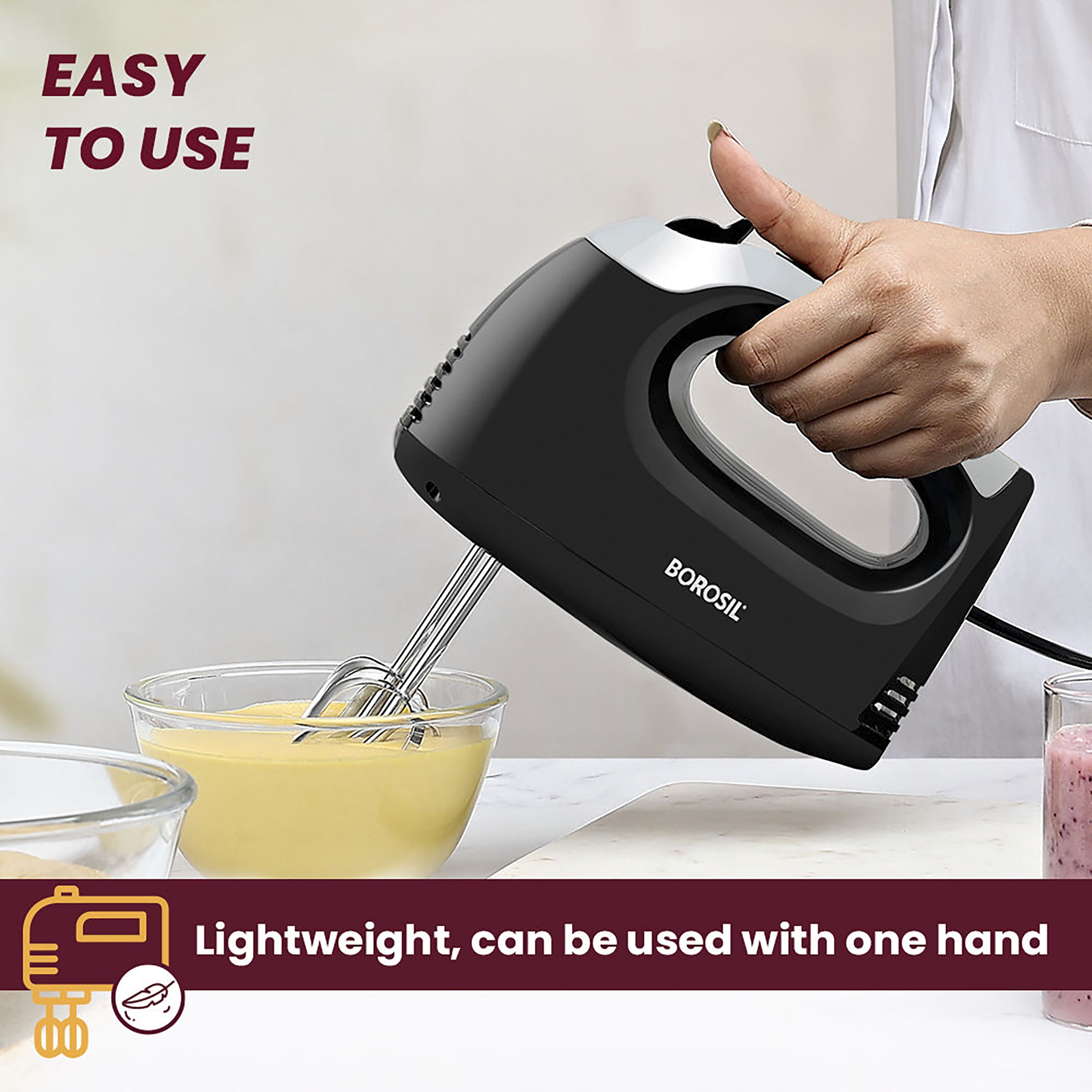 BOROSIL Smartmix 300 Watt 5 Speed Hand Mixer with 4 Attachments (Single Button for Eject, White)_9