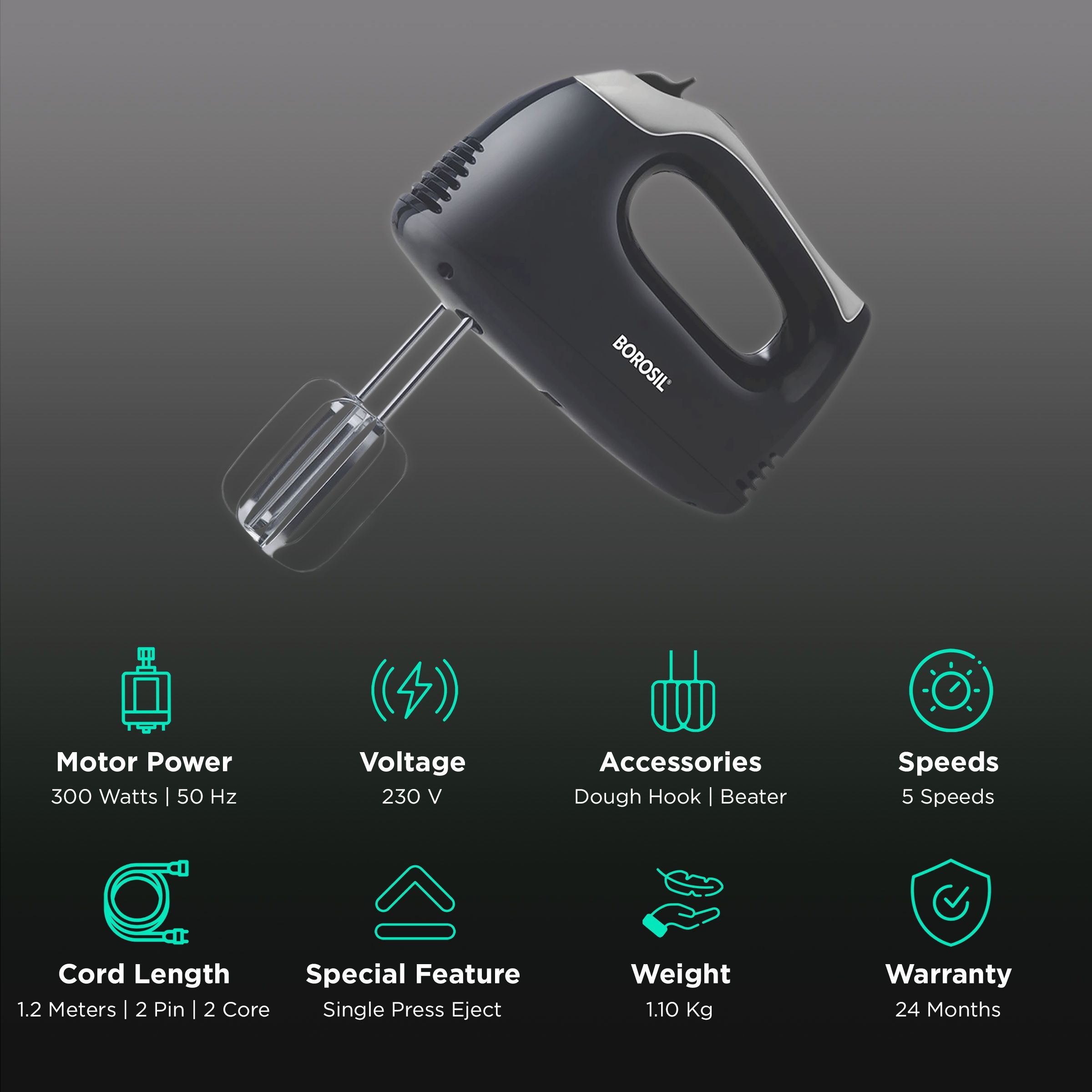 BOROSIL Smartmix 300 Watt 5 Speed Hand Mixer with 4 Attachments (Single Button for Eject, White)_2