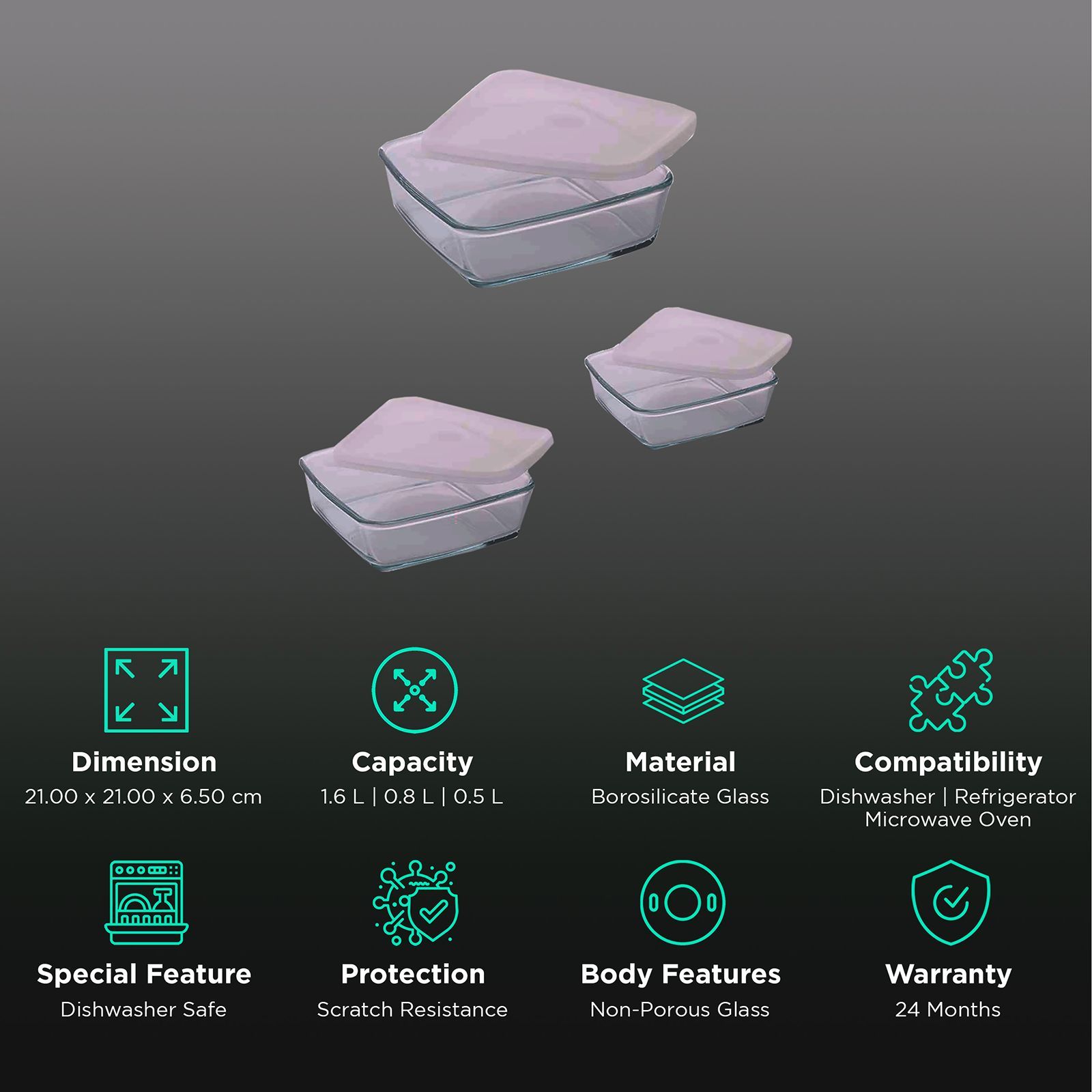 BOROSIL IH22DH15626 500ml, 800ml & 1.6L Borosilicate Glass Square Dish with Lid (Set of 3, Scratch Resistant, Transparent) BOROSIL IH22DH15626 500ml, 800ml & 1.6L Borosilicate Glass Square Dish with Lid (Set of 3, Scratch Resistant, Transparent)_2