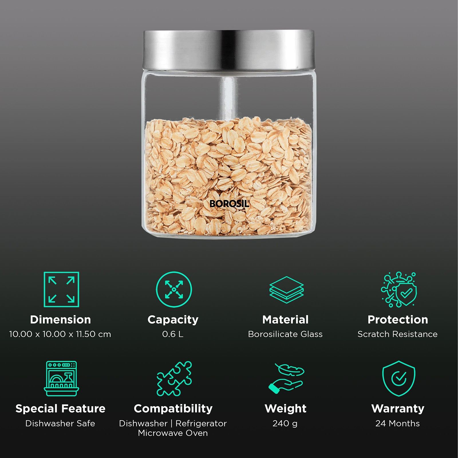 BOROSIL Endura 600ml Borosilicate Glass Jar with Screw Top Lid (Scratch Resistant, Transparent)_2