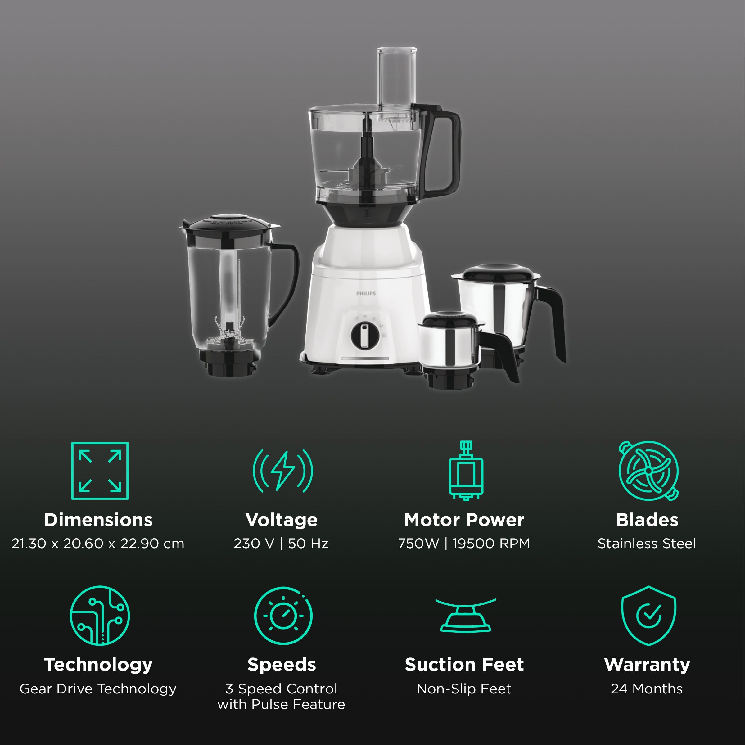 PHILIPS Viva Collection 750 Watt 4 Jars Mixer Grinder (19500 RPM, Gear Drive Technology, Black/White)_2