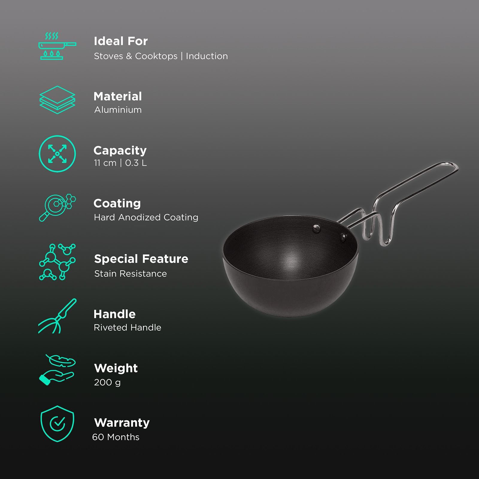 WONDERCHEF 300ml Non Stick Aluminium Tadka Pan (Corrosion & Stain Resistance, Black)_3