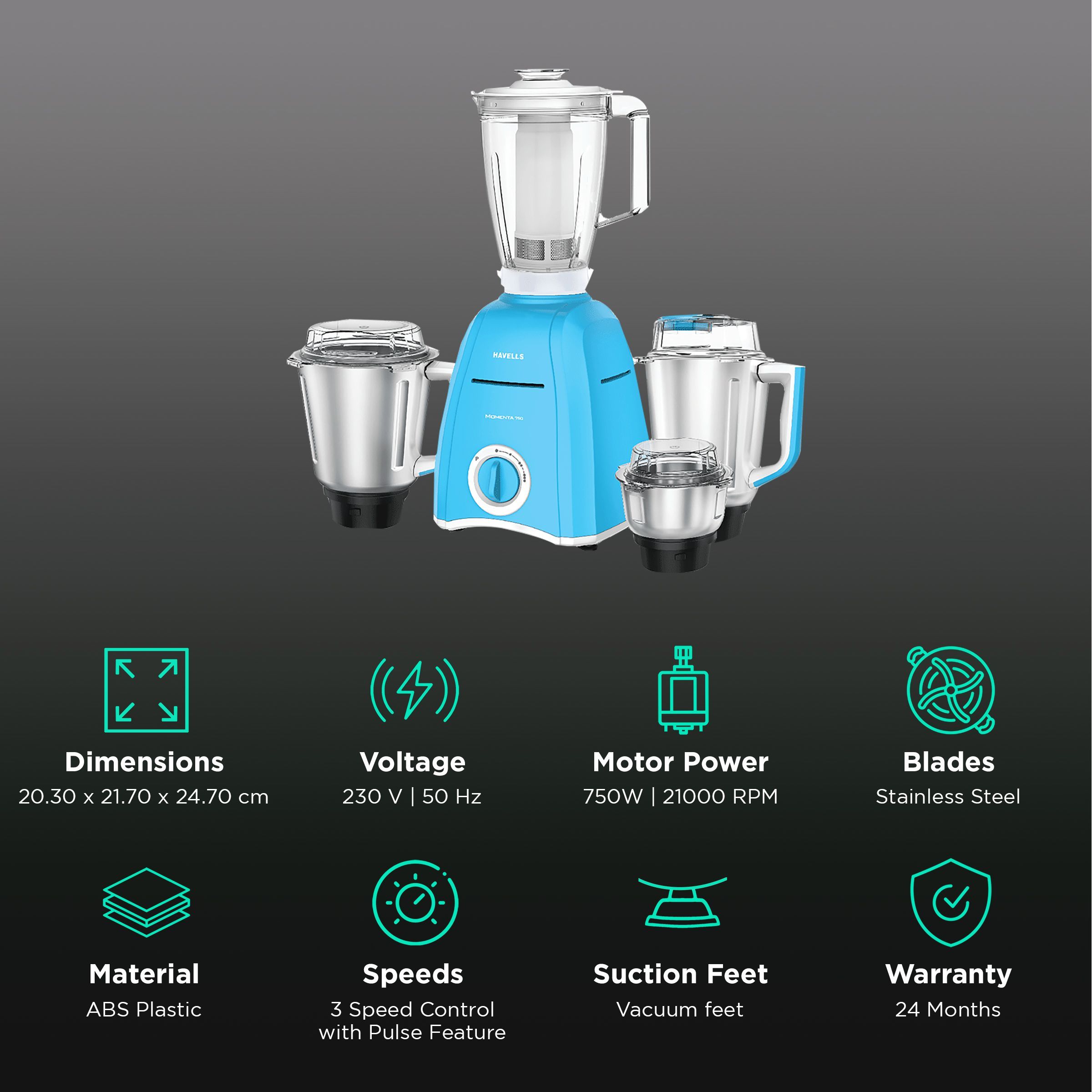 HAVELLS Momenta NV 750 Watt 4 Jars Mixer Grinder (21000 RPM, Built-in Overload Protection, Blue) HAVELLS Momenta NV 750 Watt 4 Jars Mixer Grinder (21000 RPM, Built-in Overload Protection, Blue)_2
