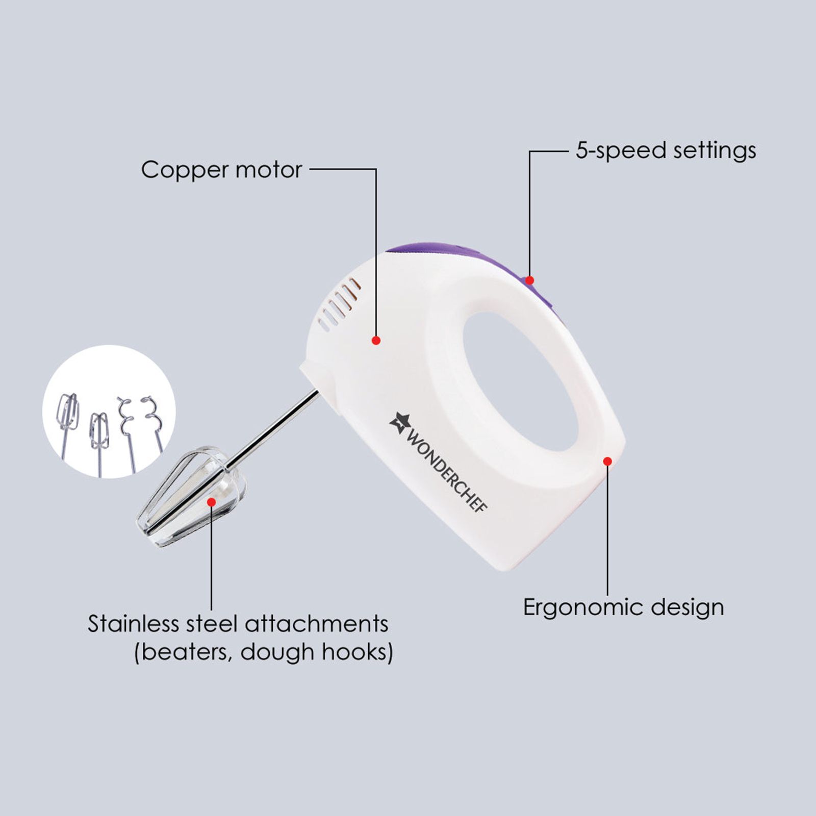 WONDERCHEF Acura Plus 200 Watt 5 Speed Hand Mixer with 4 Attachments (Speed Adjustment, White/Blue)_10