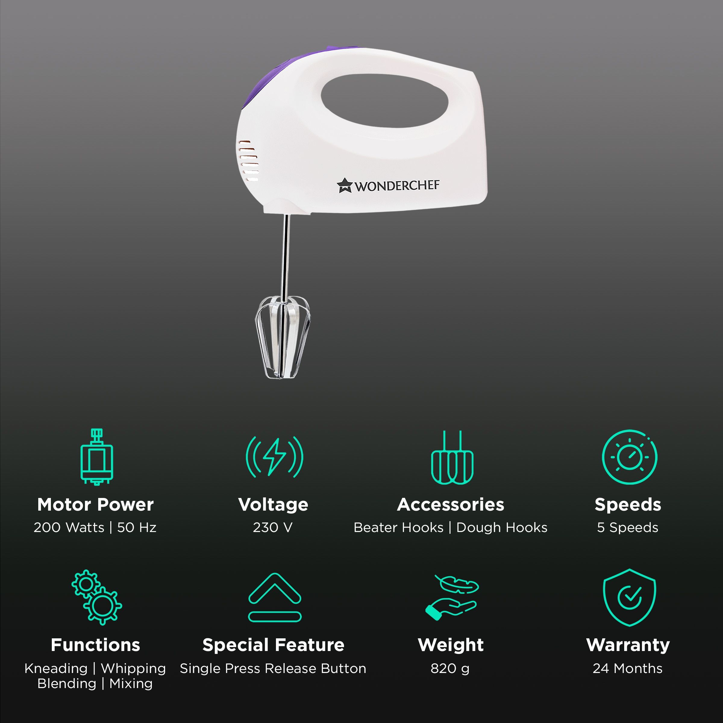 WONDERCHEF Acura Plus 200 Watt 5 Speed Hand Mixer with 4 Attachments (Speed Adjustment, White/Blue)_2