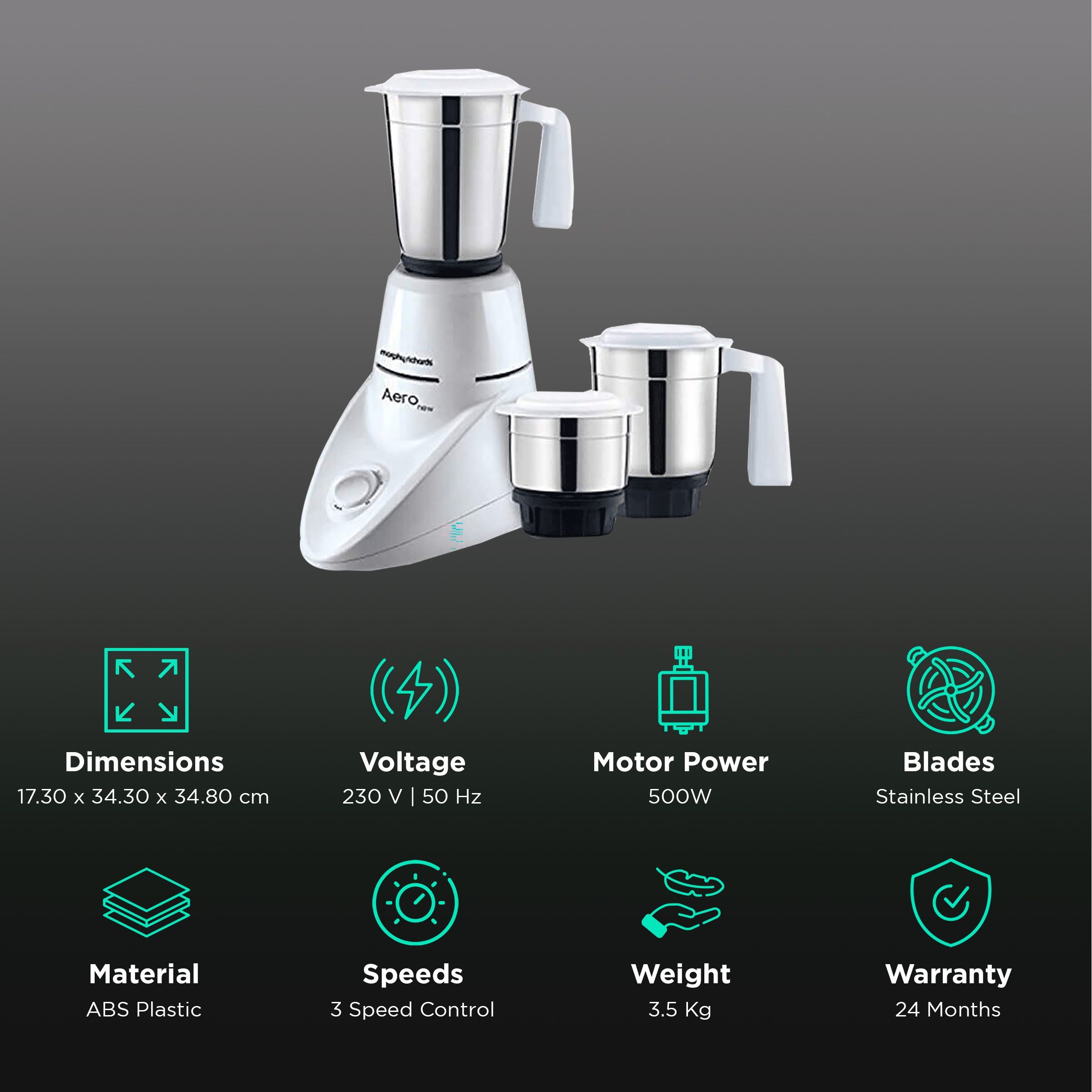 morphy richards Aero New 500 Watt 3 Jars Mixer Grinder (Overload Protection, White) morphy richards Aero New 500 Watt 3 Jars Mixer Grinder (Overload Protection, White)_2