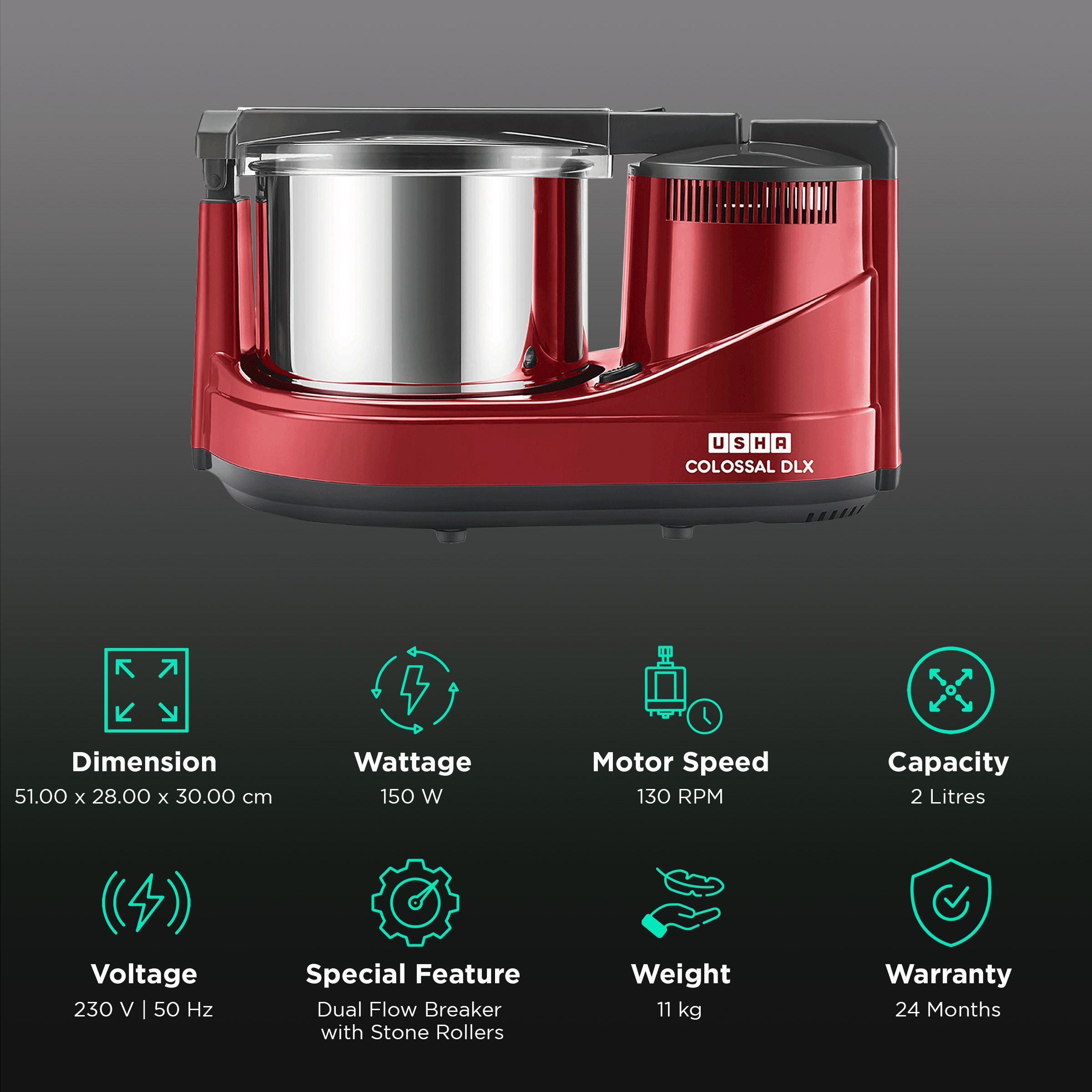 USHA Colossal DLX 2 Litres 2 Stones Wet Grinder with Coconut Scrapper & Atta Kneader (Sturdy High Torque Motor, Red)_2