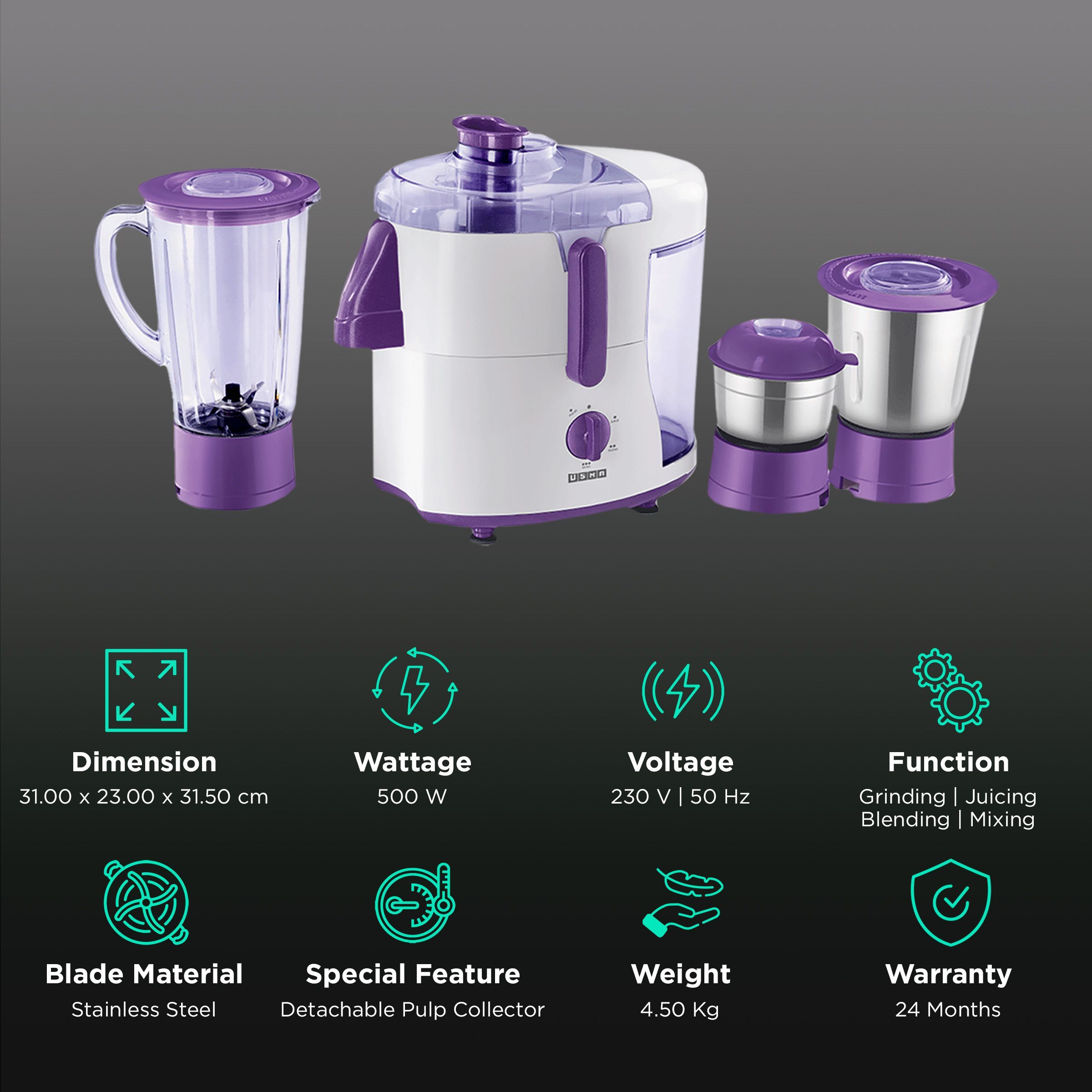 USHA 500 Watt 3 Jars Juicer Mixer Grinder (Anti-Skid Rubber Feet, Magenta/White)_2