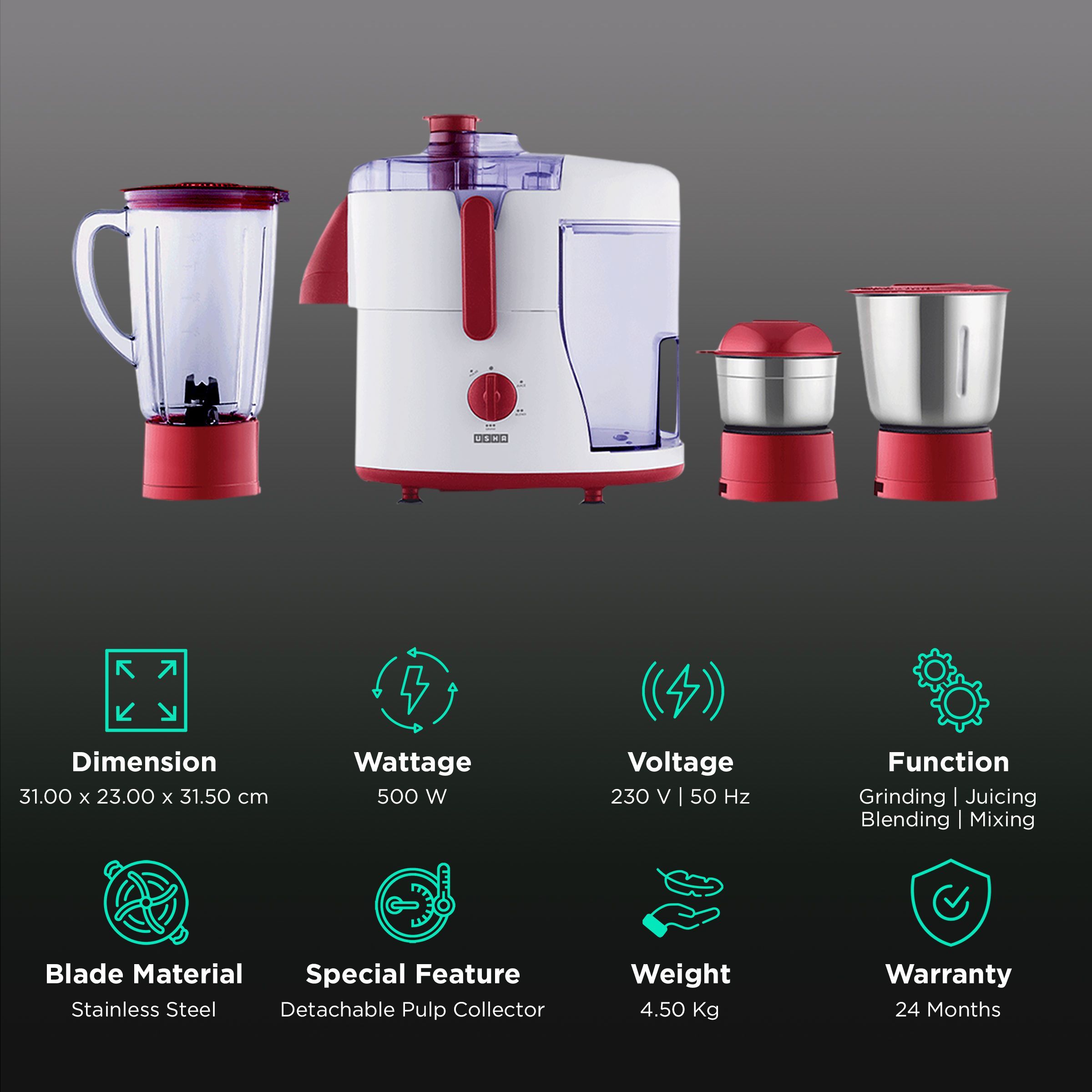 USHA 500 Watt 3 Jars Juicer Mixer Grinder (Anti-Skid Rubber Feet, Red/White)_2