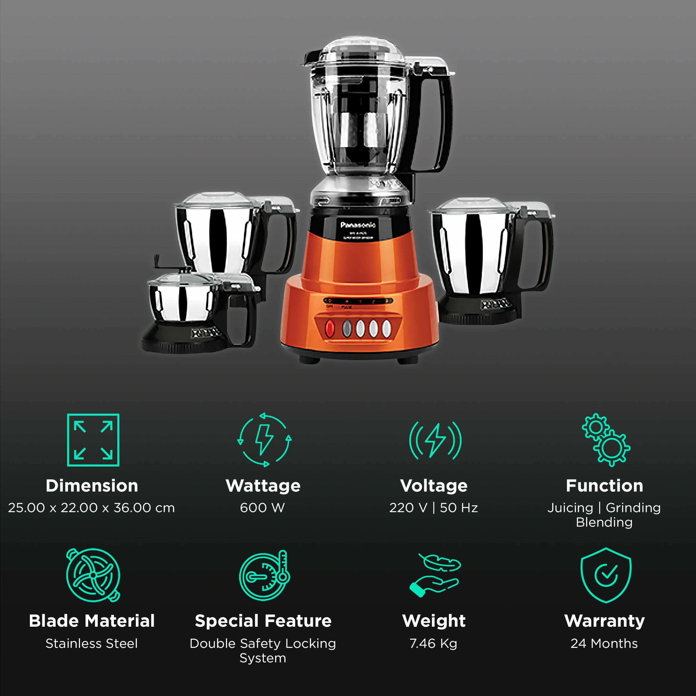 Panasonic 600 Watt 4 Jars Juicer Mixer Grinder (Double Safety Lock, Rustic Red) Panasonic 600 Watt 4 Jars Juicer Mixer Grinder (Double Safety Lock, Rustic Red)_2