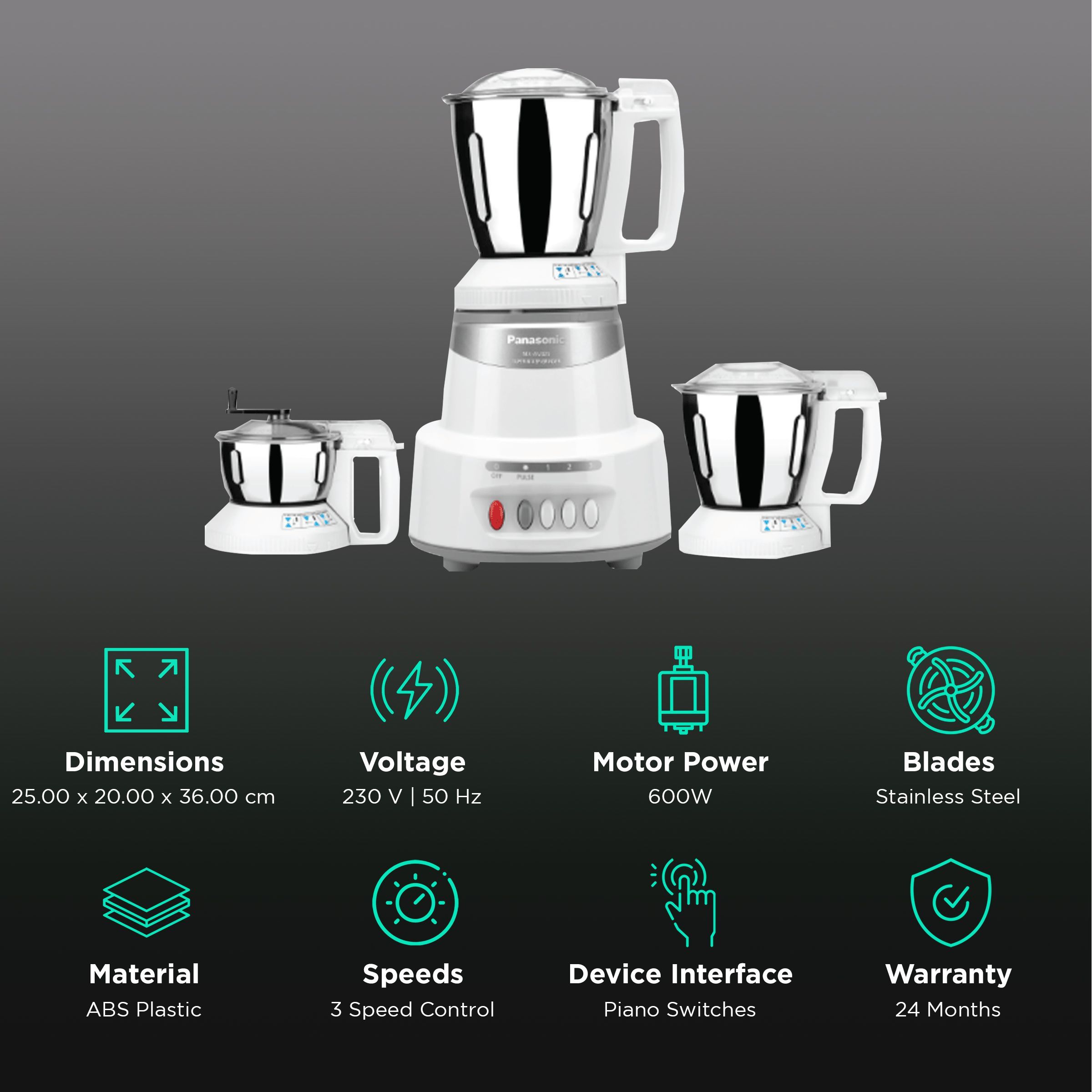 Panasonic Elements Series 600 Watt 3 Jars Mixer Grinder (Double Safety Lock, Marble Silver)_2
