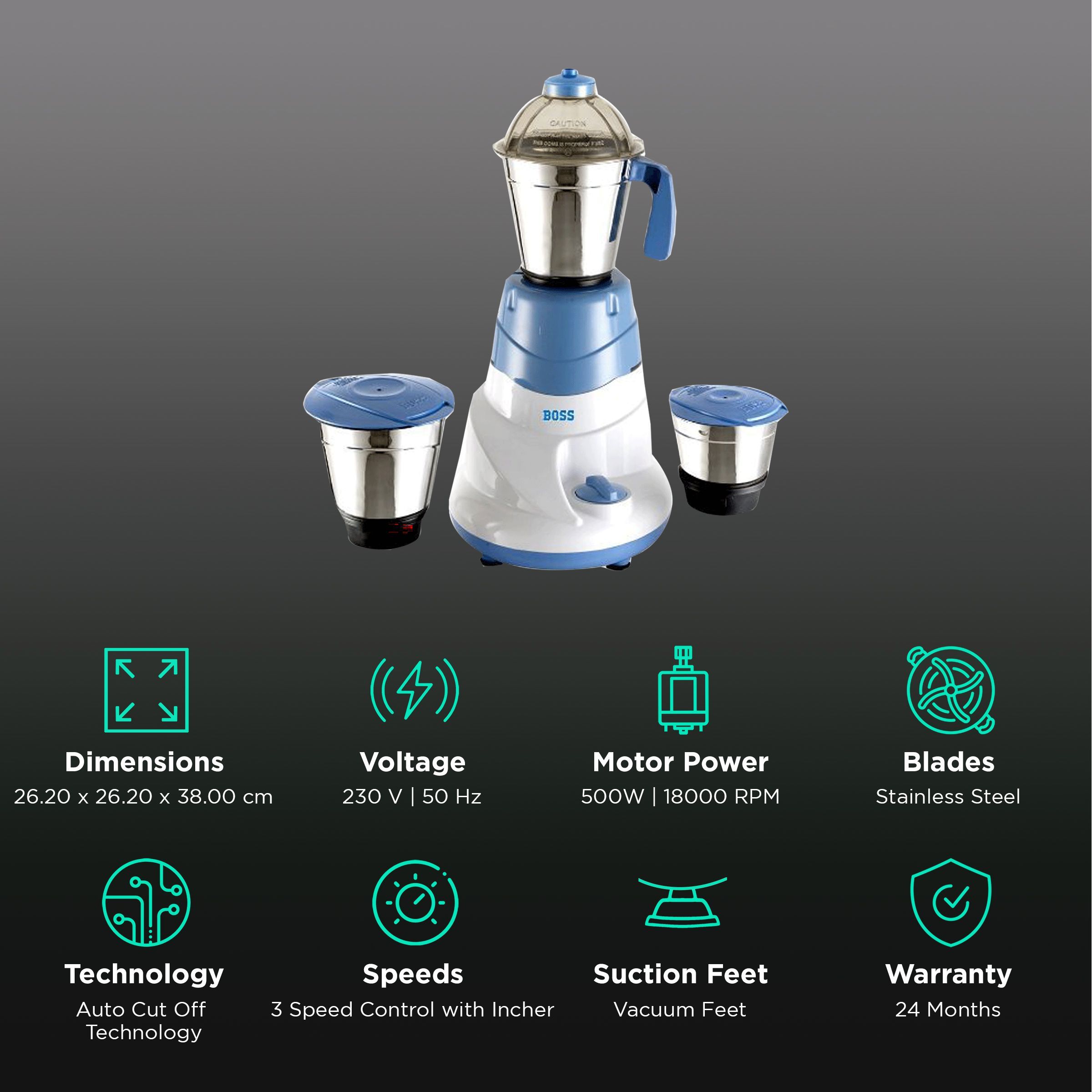 BOSS All Time 500 Watt 3 Jars Mixer Grinder (18000 RPM, Shock Resistant, Blue/White)_2