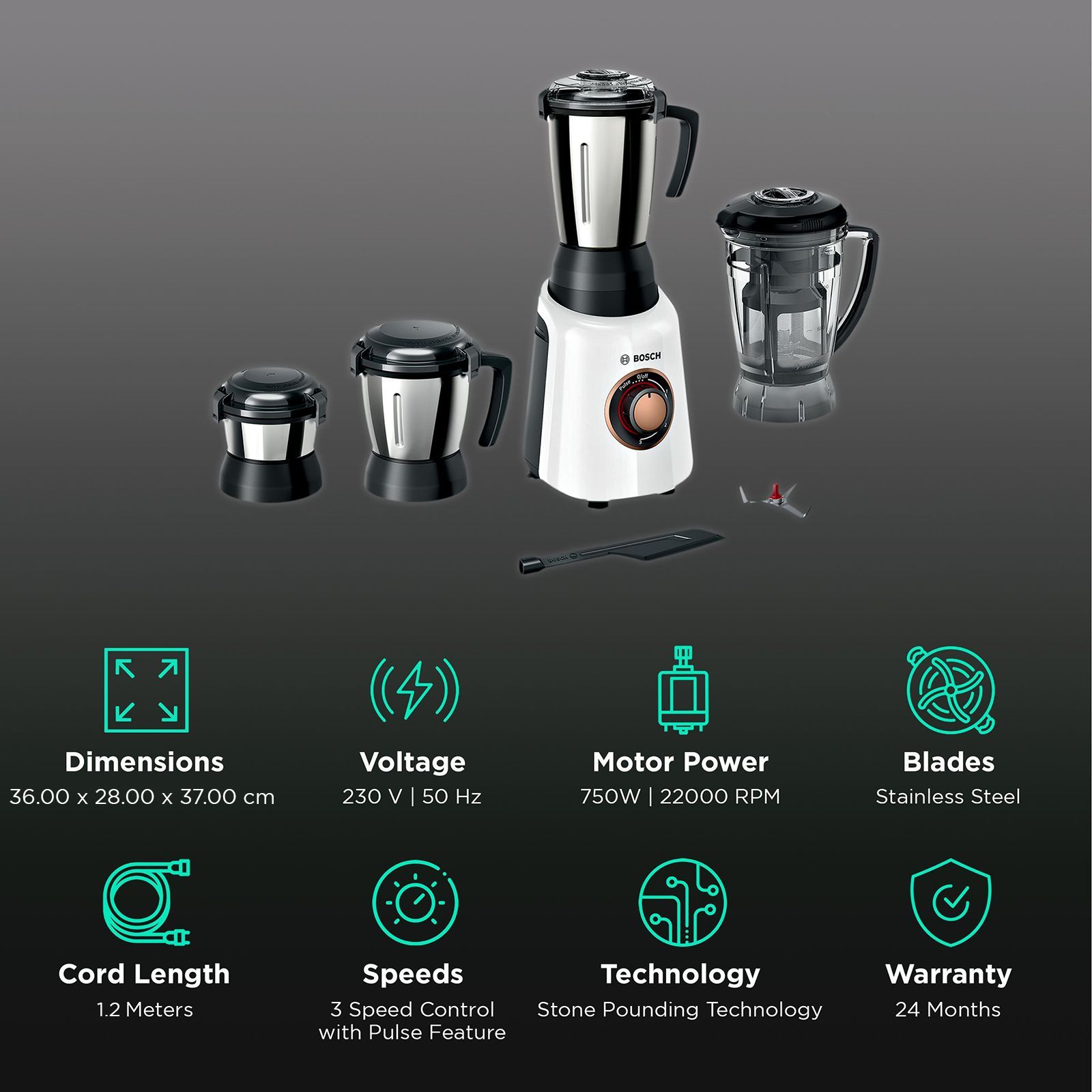 BOSCH TrueMixx 750 Watt 4 Jars Mixer Grinder (22000 RPM, HiFlux Motor, White)_2