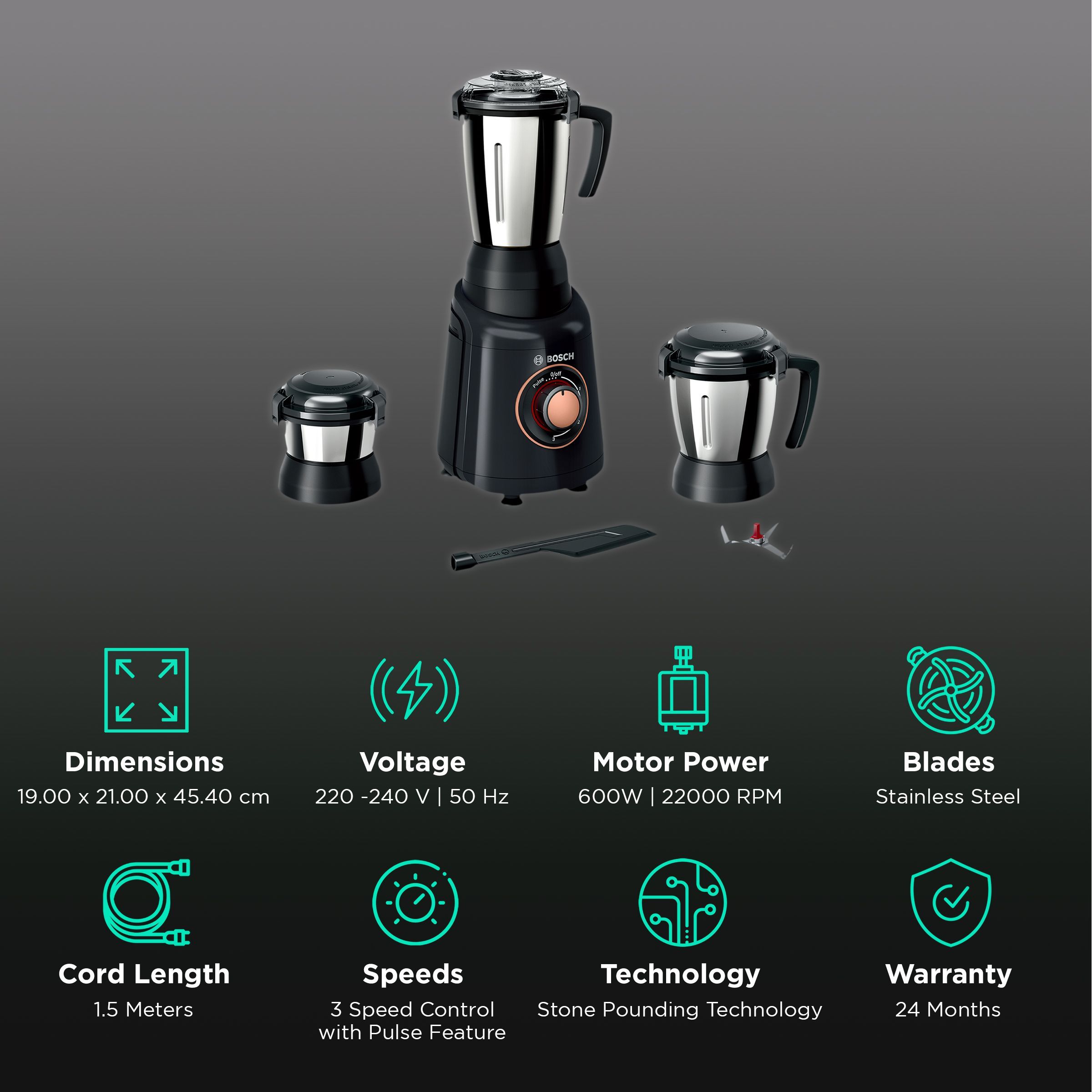 BOSCH TrueMixx Bold 600 Watt 3 Jars Mixer Grinder (22000 RPM, HiFlux Motor, Black) BOSCH TrueMixx Bold 600 Watt 3 Jars Mixer Grinder (22000 RPM, HiFlux Motor, Black)_2