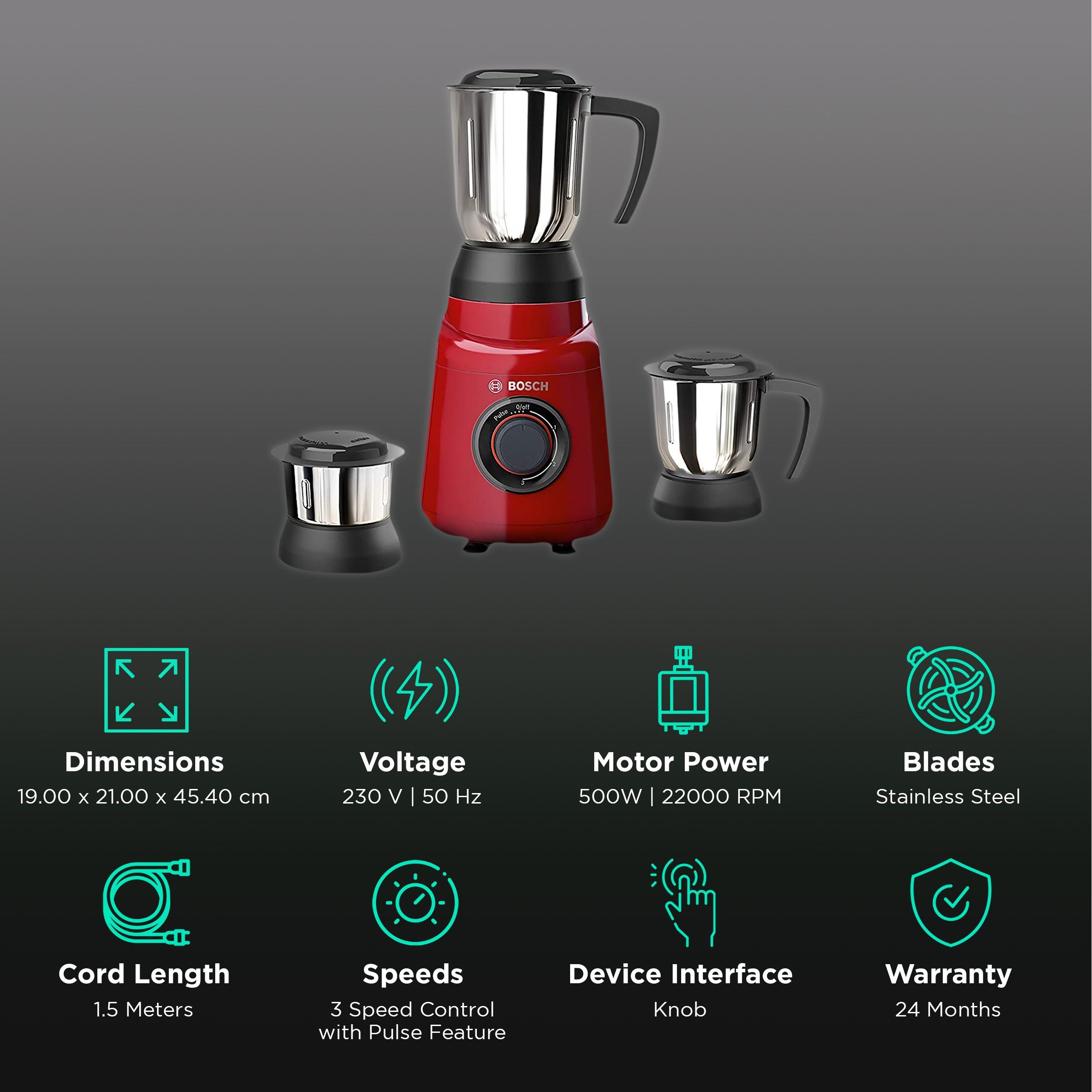 BOSCH TrueMixx Joy 500 Watt 3 Jars Mixer Grinder (22000 RPM, HiFlux Motor, Red)_2