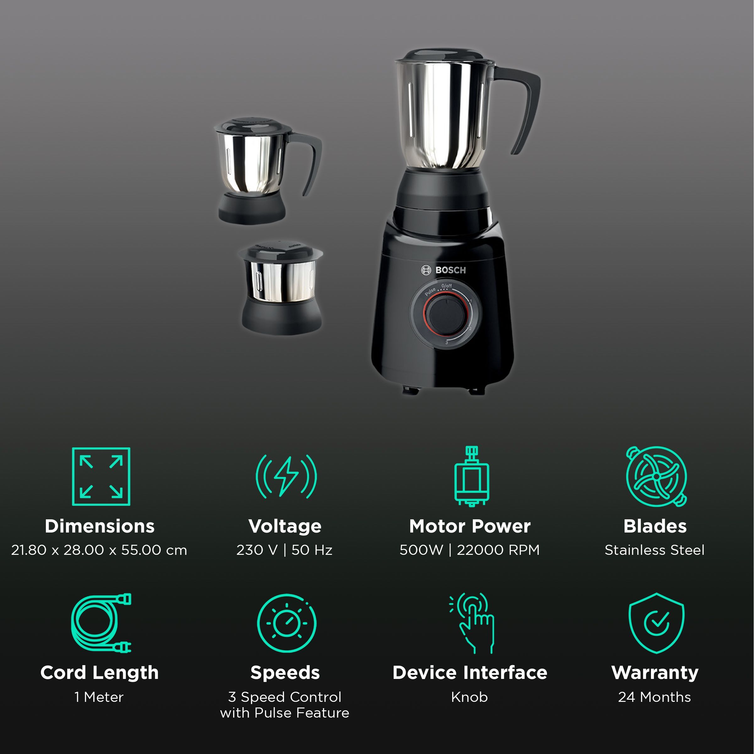 BOSCH TrueMixx Joy 500 Watt 3 Jars Mixer Grinder (22000 RPM, HiFlux Motor, Black)_2