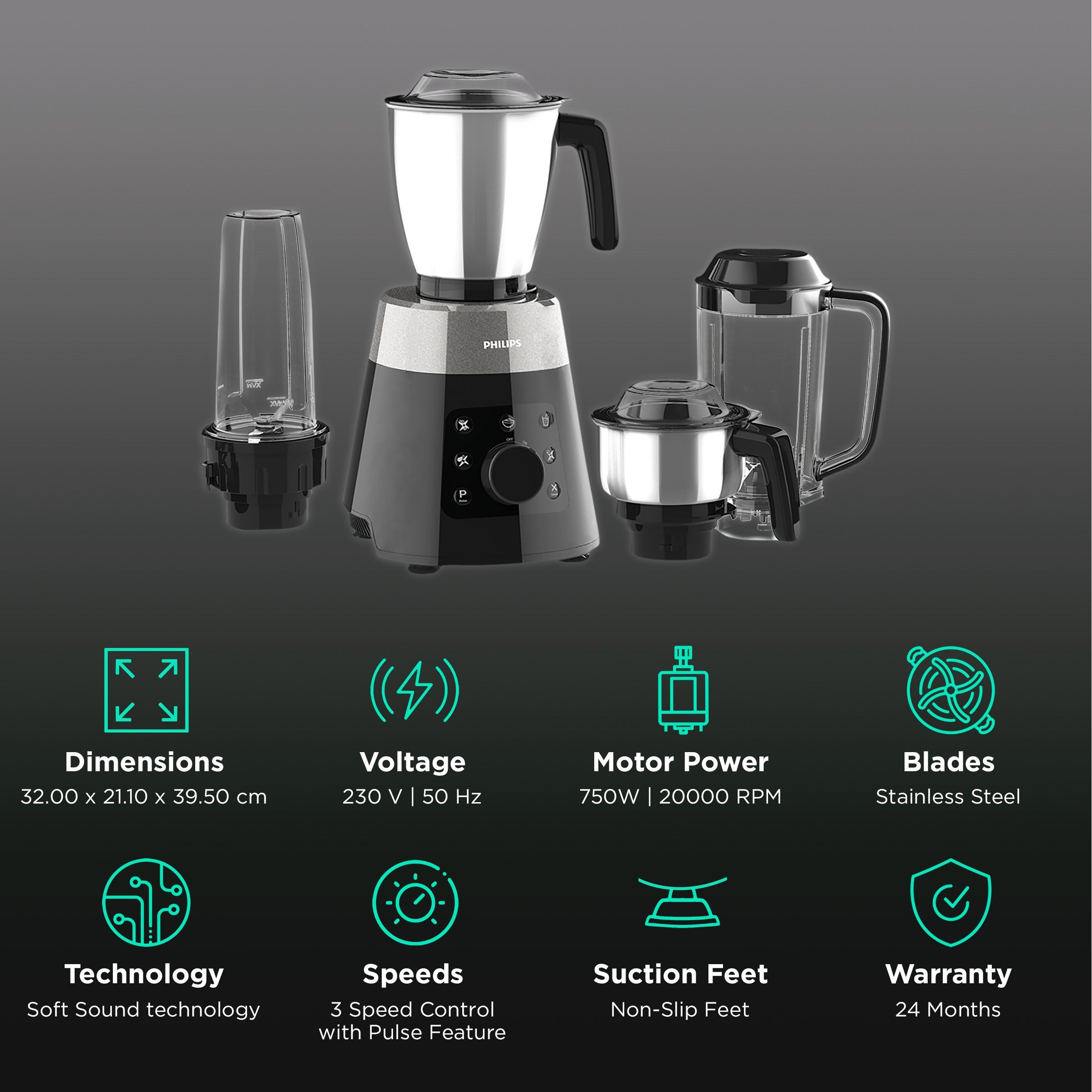 PHILIPS Avance Collection 750 Watt 4 Jars Mixer Grinder (20000 RPM, Built-in Safety Switch, Metallic Silver/Bold Black)_2