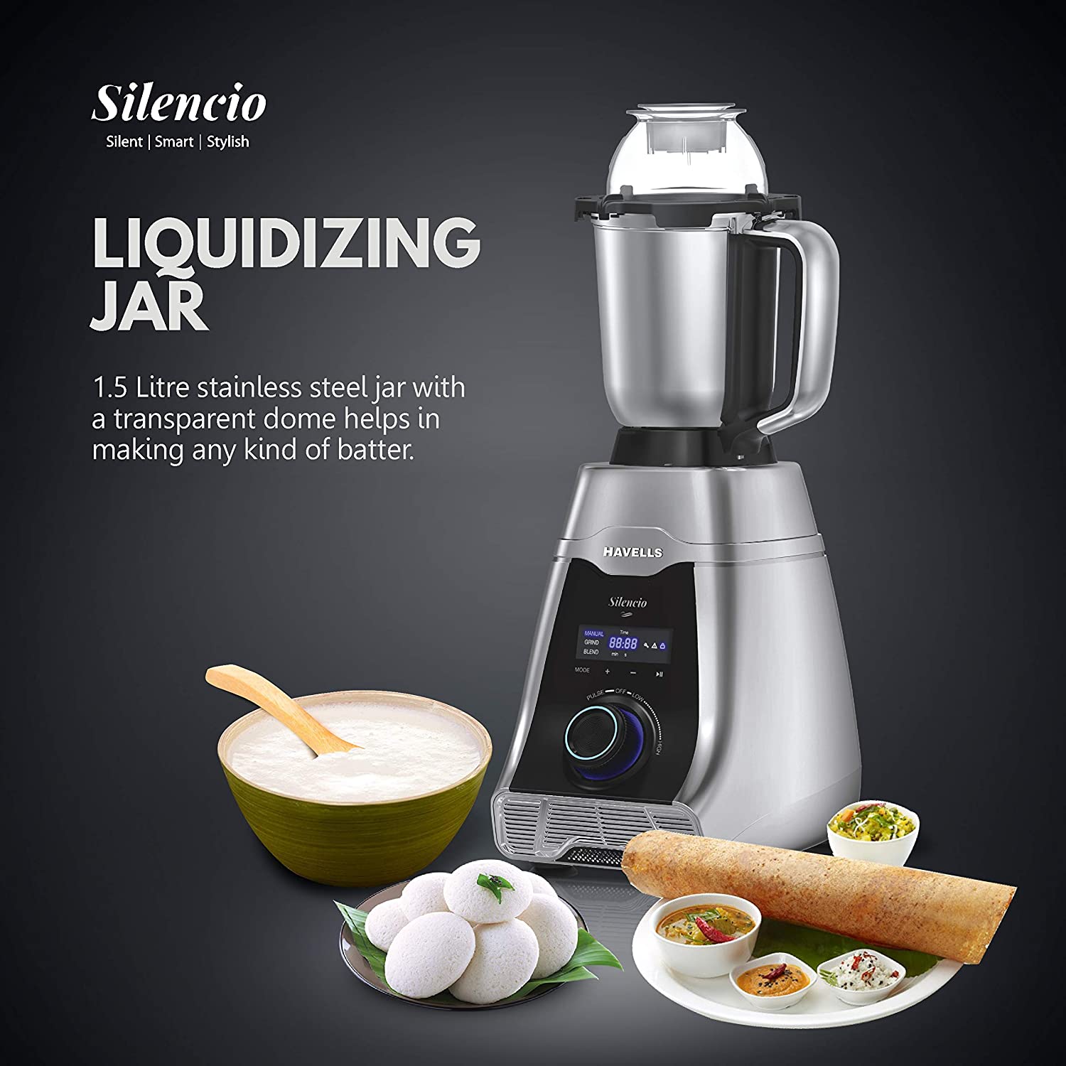 HAVELLS Silencio 500 Watt 4 Jars Mixer Grinder (Digital Display & Touch Control, Black & Silver)_12