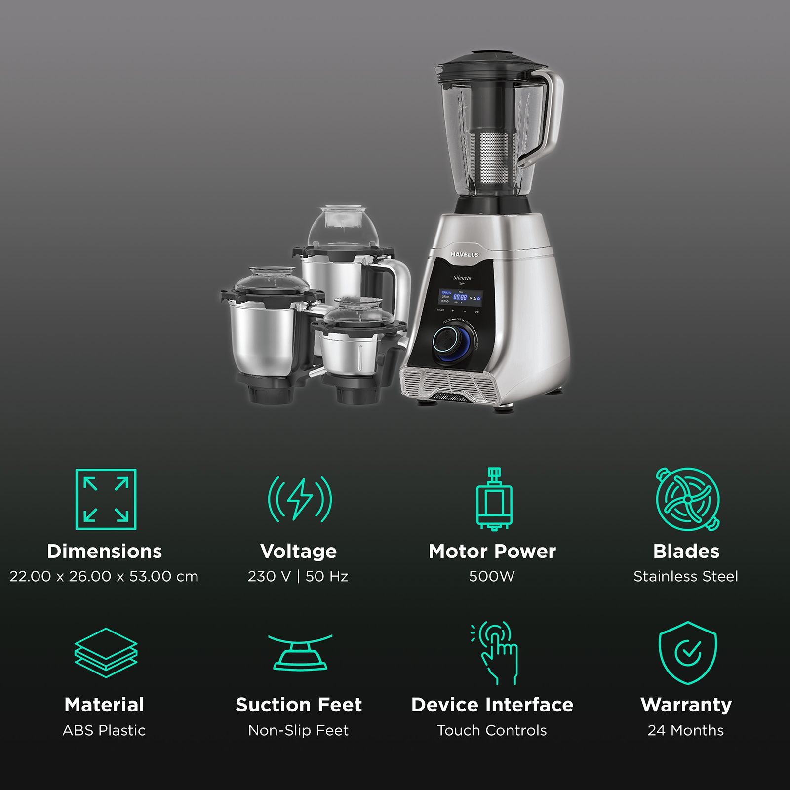 HAVELLS Silencio 500 Watt 4 Jars Mixer Grinder (Digital Display & Touch Control, Black & Silver)_2