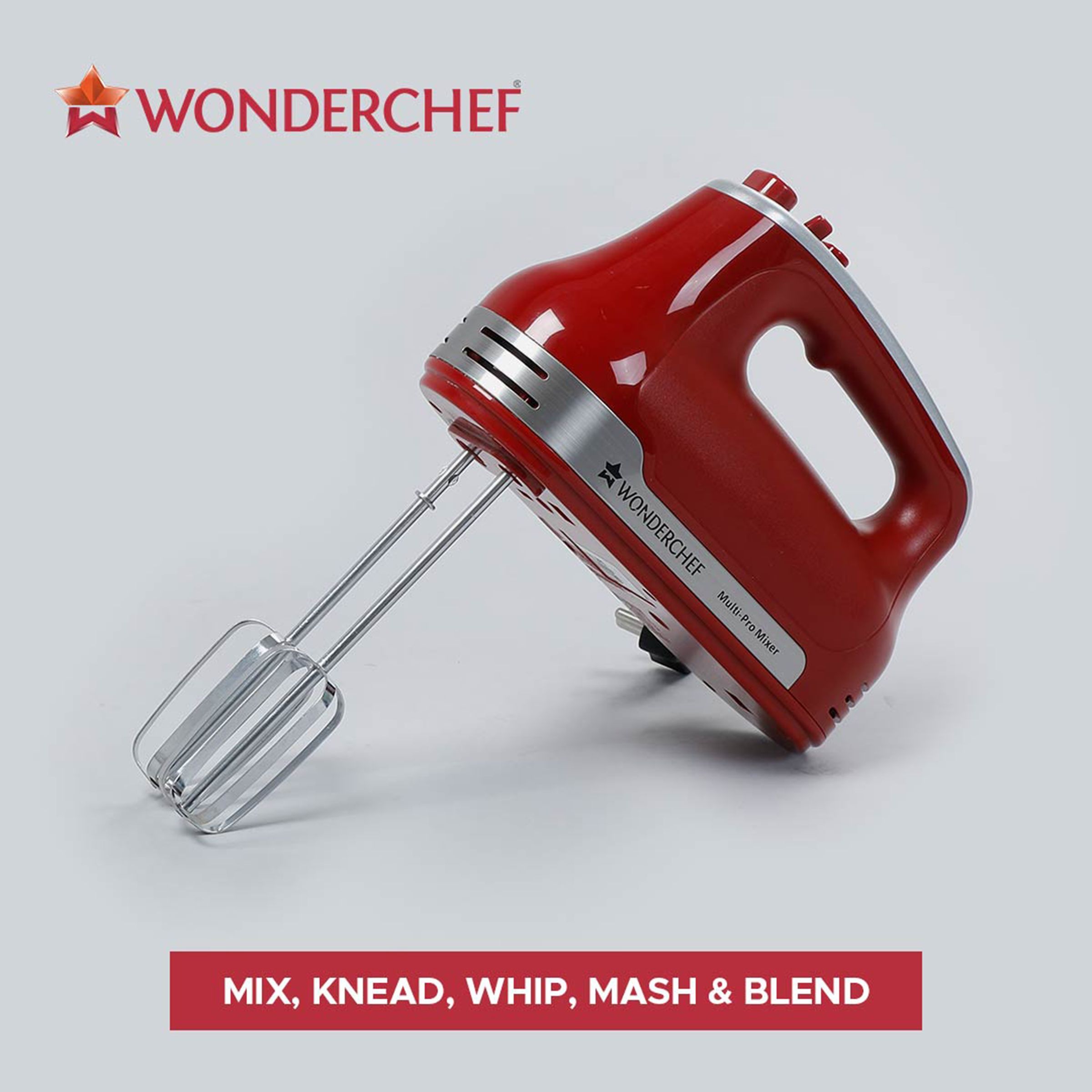 WONDERCHEF Crimson Edge 300 Watt 5 Speed Hand Mixer with 4 Attachments (Speed Adjustment, Red)_15