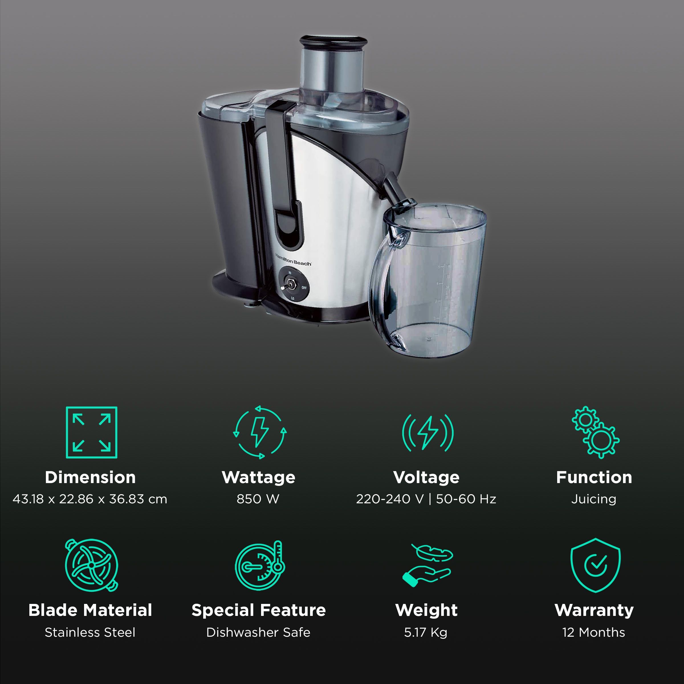 Hamilton Beach 850 Watt 1 Jar Juicer (Dishwasher Safe, Silver)_2