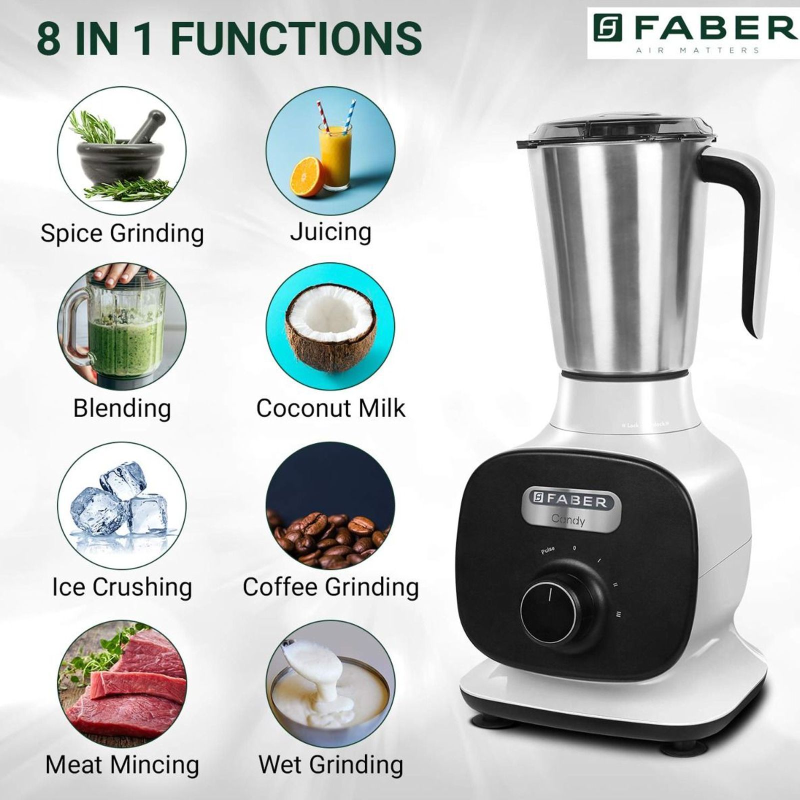 FABER Candy 800 Watt 3 Jars Mixer Grinder (22000 RPM, 8-in-1 Functions, Black/White)_8