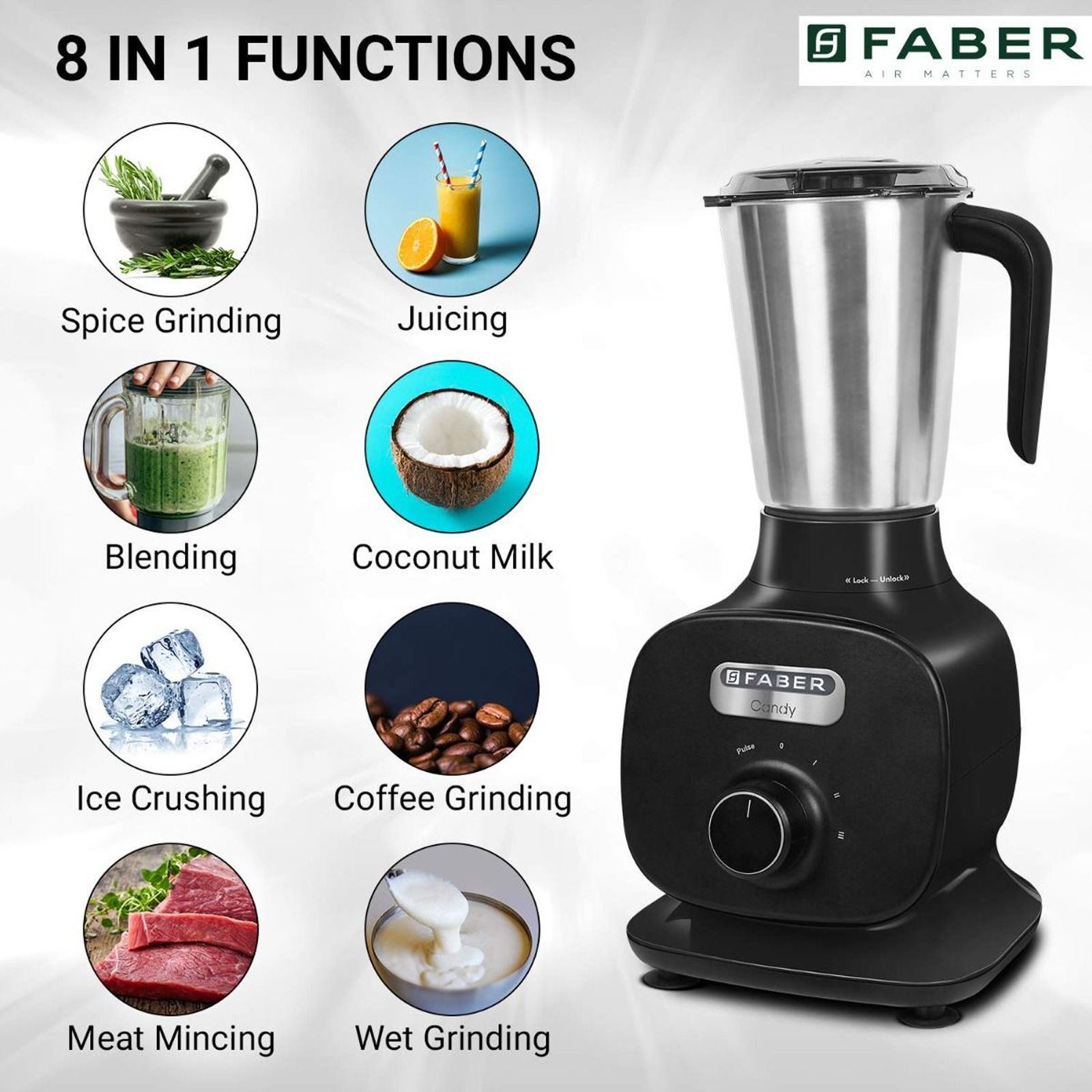 FABER Candy 800 Watt 3 Jars Mixer Grinder (22000 RPM, 8-in-1 Functions, Black)_8