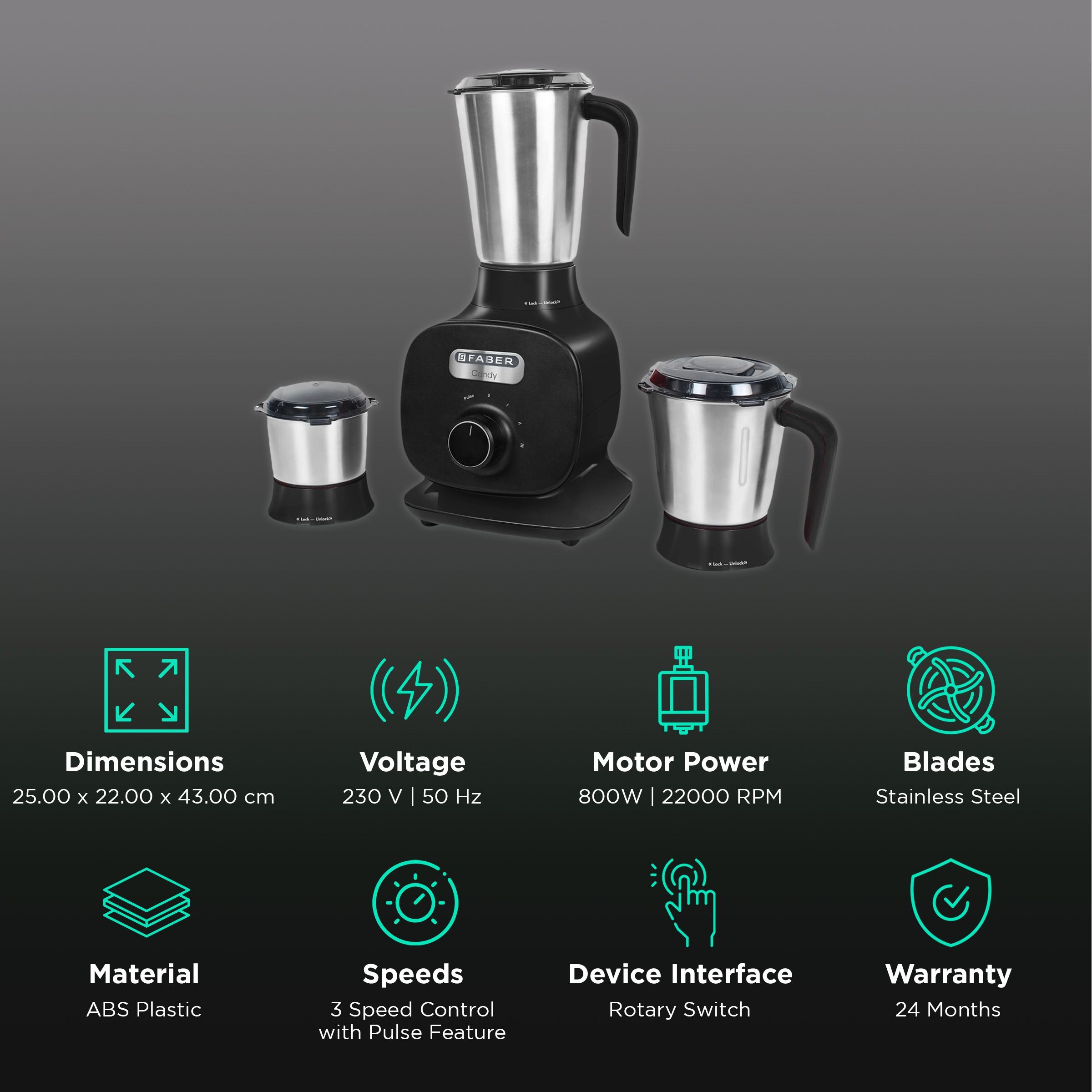FABER Candy 800 Watt 3 Jars Mixer Grinder (22000 RPM, 8-in-1 Functions, Black)_2