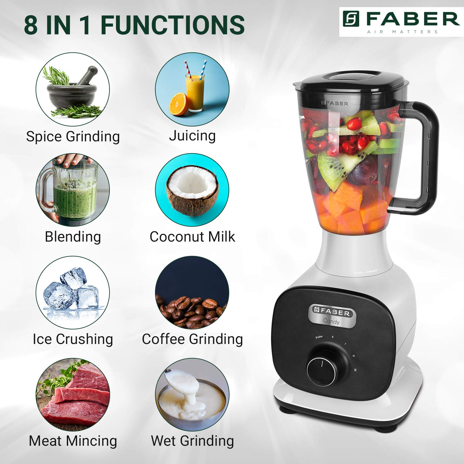 FABER Candy 800 Watt 4 Jars Mixer Grinder (22000 RPM, 8-in-1 Functions, Black/White)_7